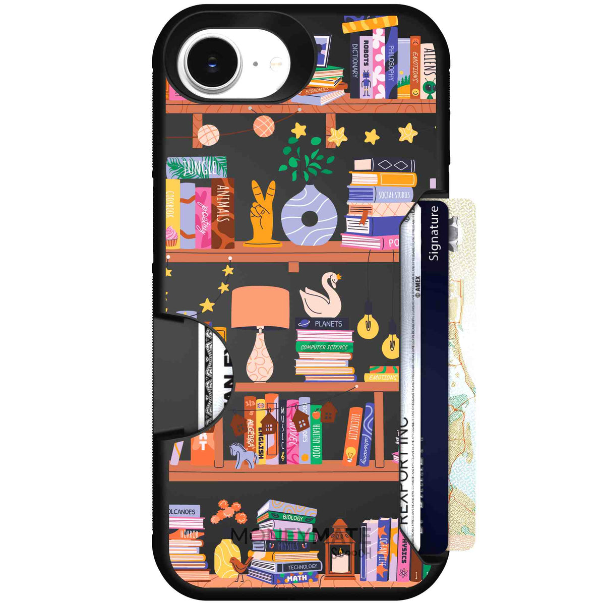 Little Library colorful book and bookshelf pattern on a Scooch Moneymate case for iPhone 17e
