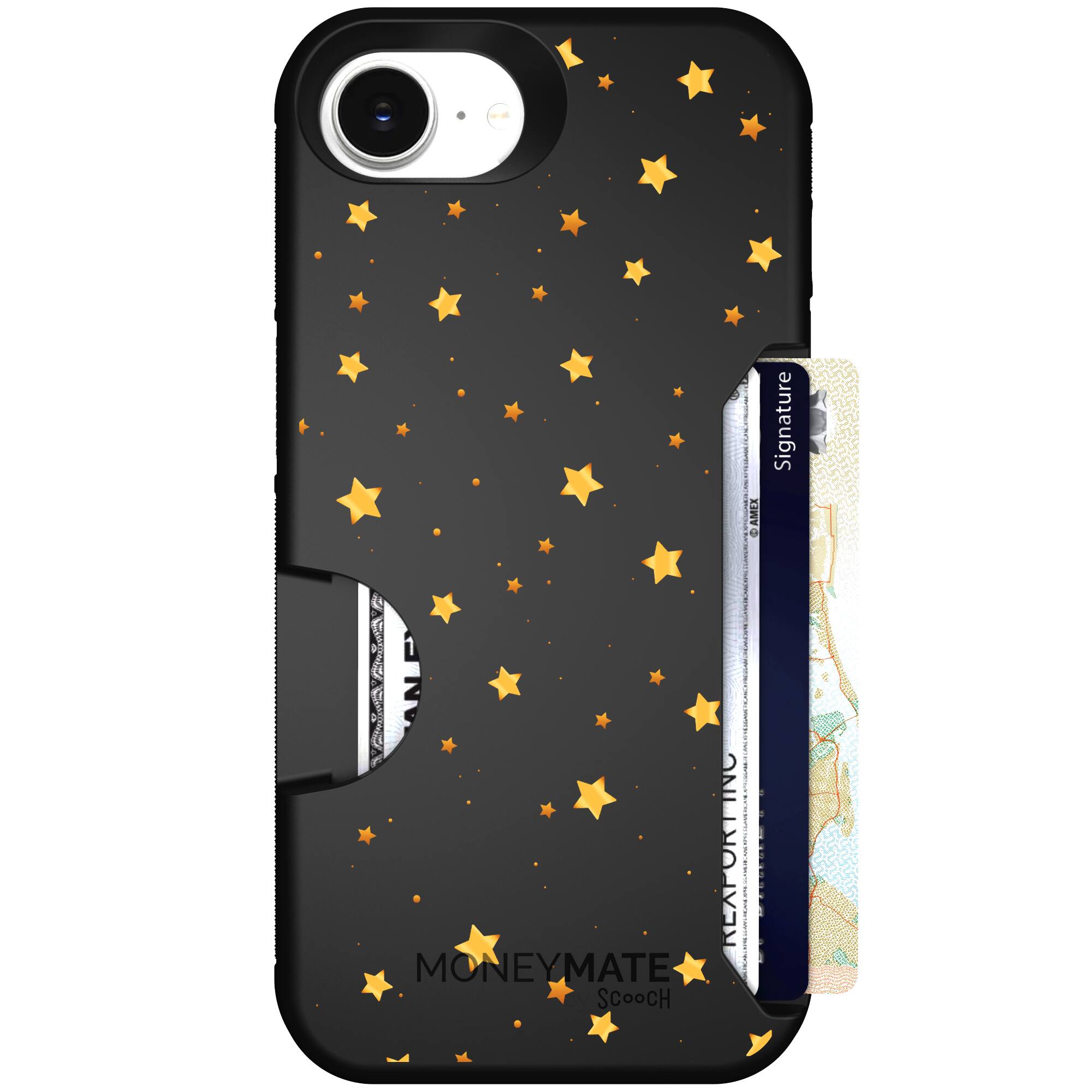 Gold Stars yellow and gold star pattern on a charcoal Scooch Moneymate case for iPhone 17e