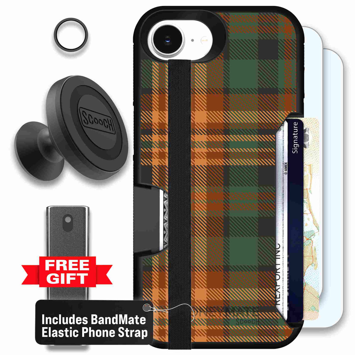 Fall Flannel orange and brown plaid pattern on a Scooch Moneymate case for iPhone 17e - Defender Bundle