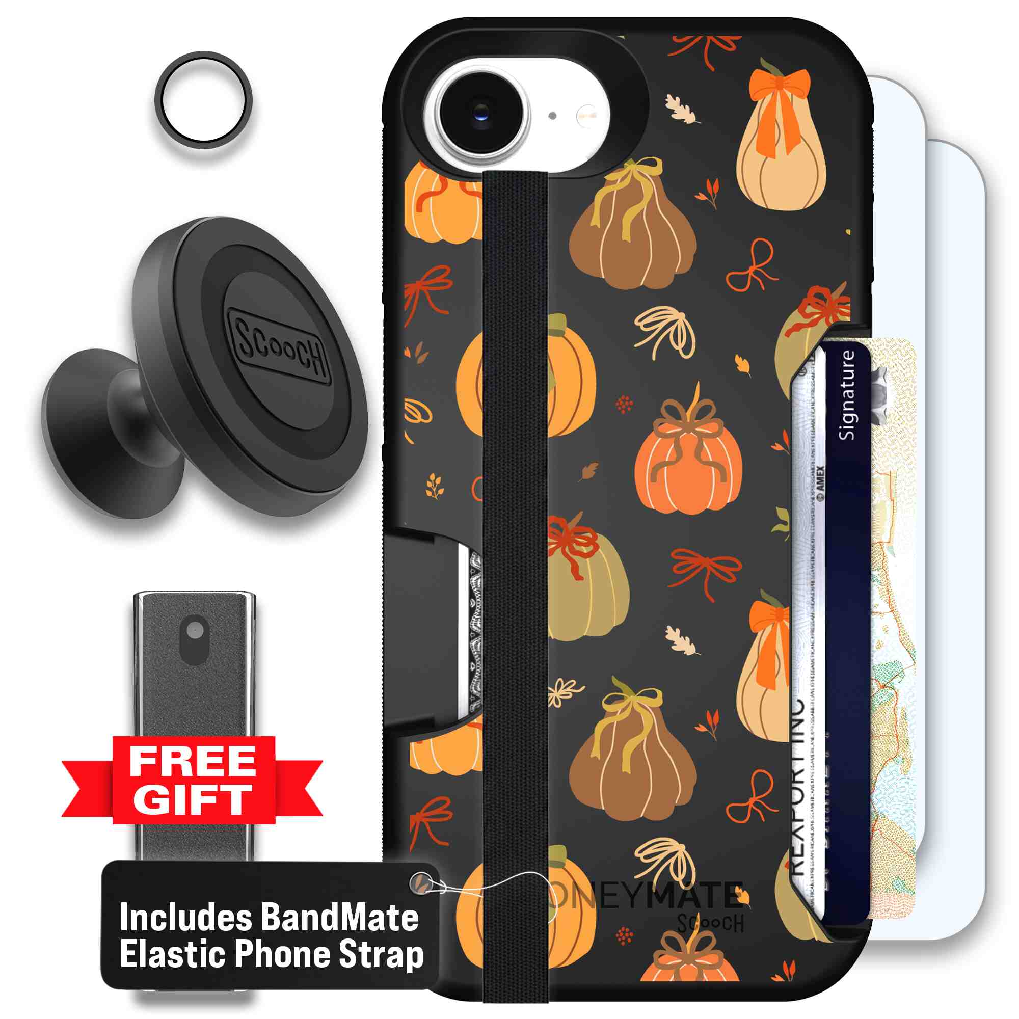 Pretty Pumpkins orange pumpkin and bow pattern on a Scooch Moneymate case for iPhone 17e - Defender Bundle