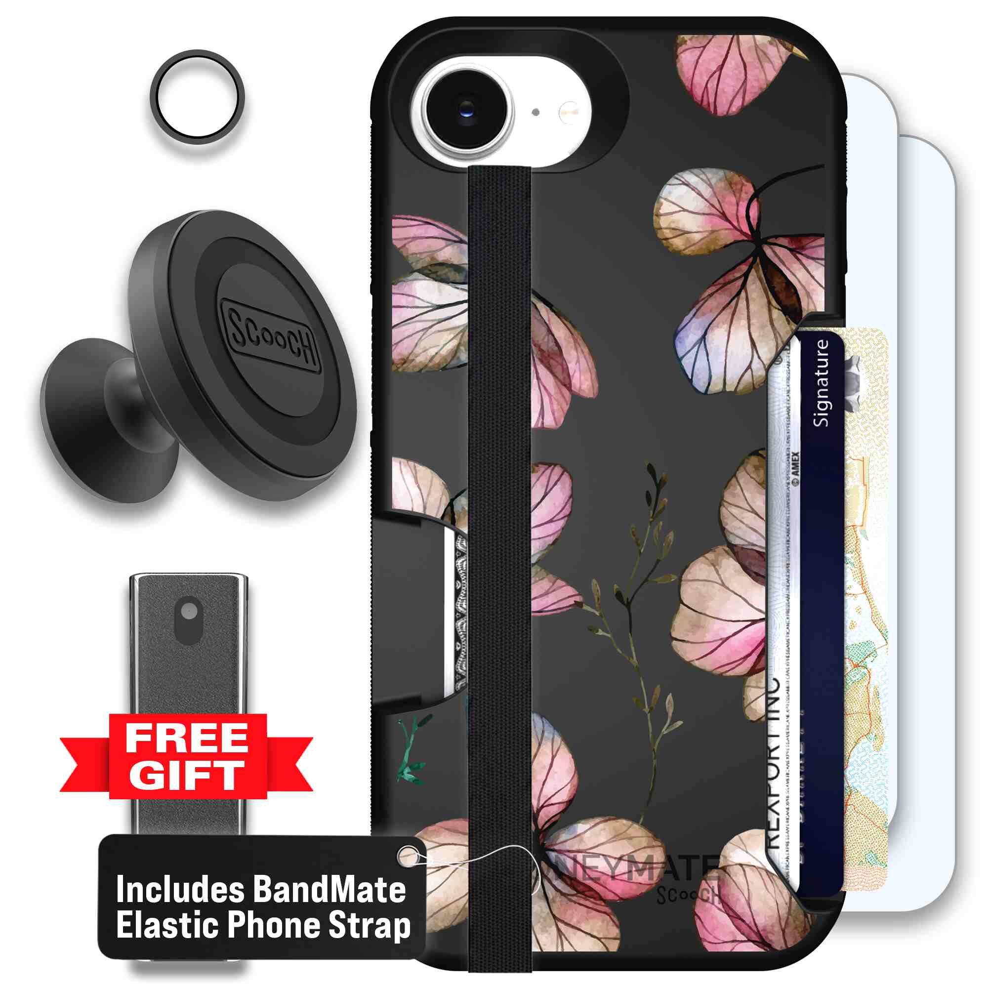 Dried Flowers blush mauve and cream floral pattern on a black Scooch Moneymate case for iPhone 17e - Defender Bundle