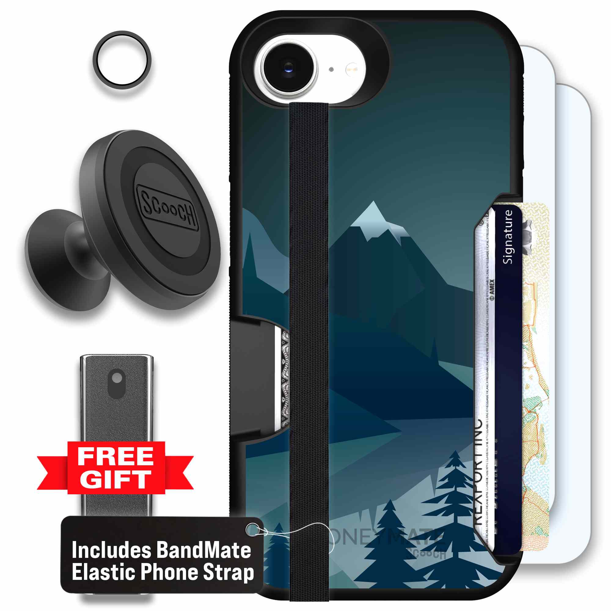 Midnight Ridge layered blue mountains and evergreen trees on a Scooch Moneymate case for iPhone 17e - Defender Bundle