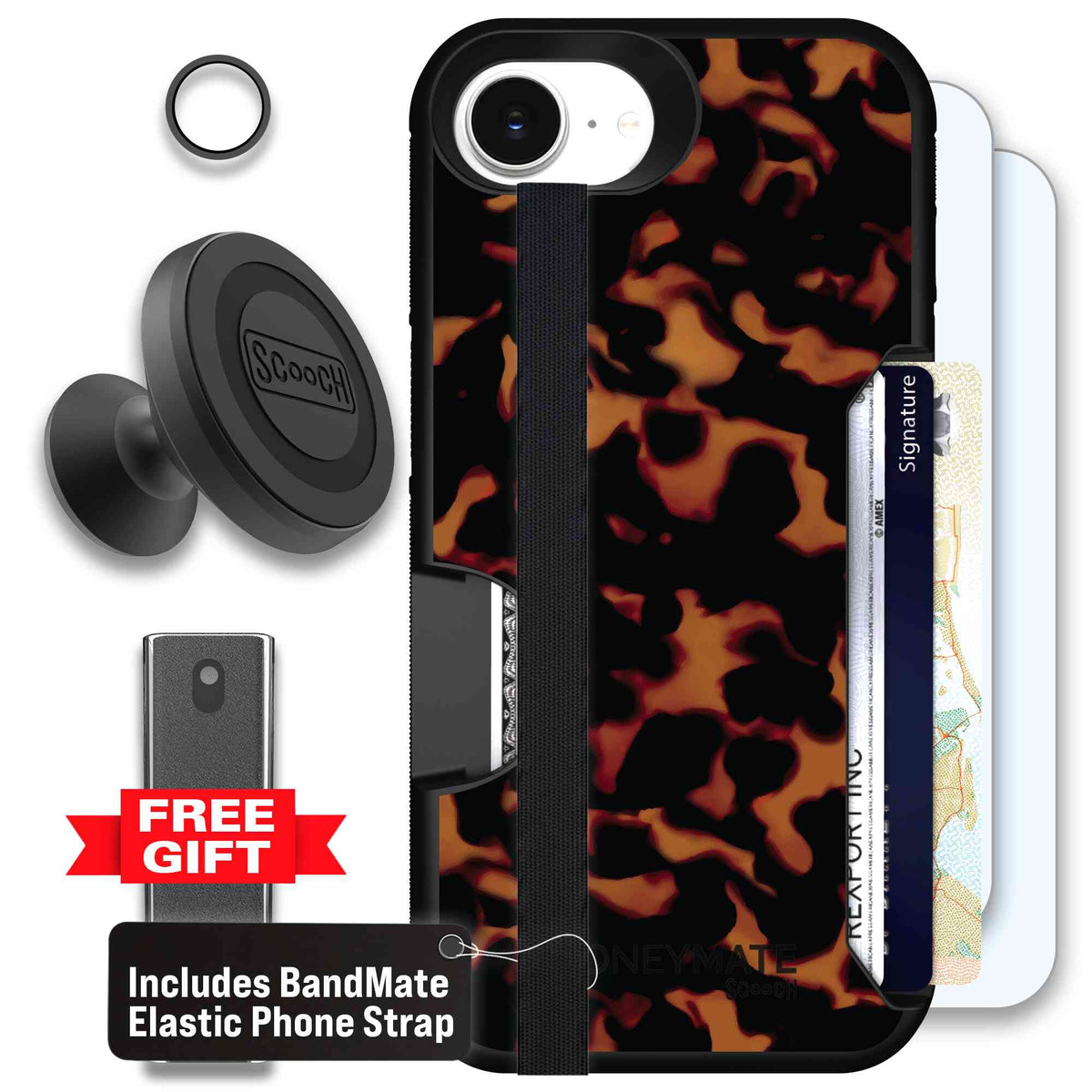 Tortoise Shell amber brown and black mottled pattern on a Scooch Moneymate case for iPhone 17e - Defender Bundle