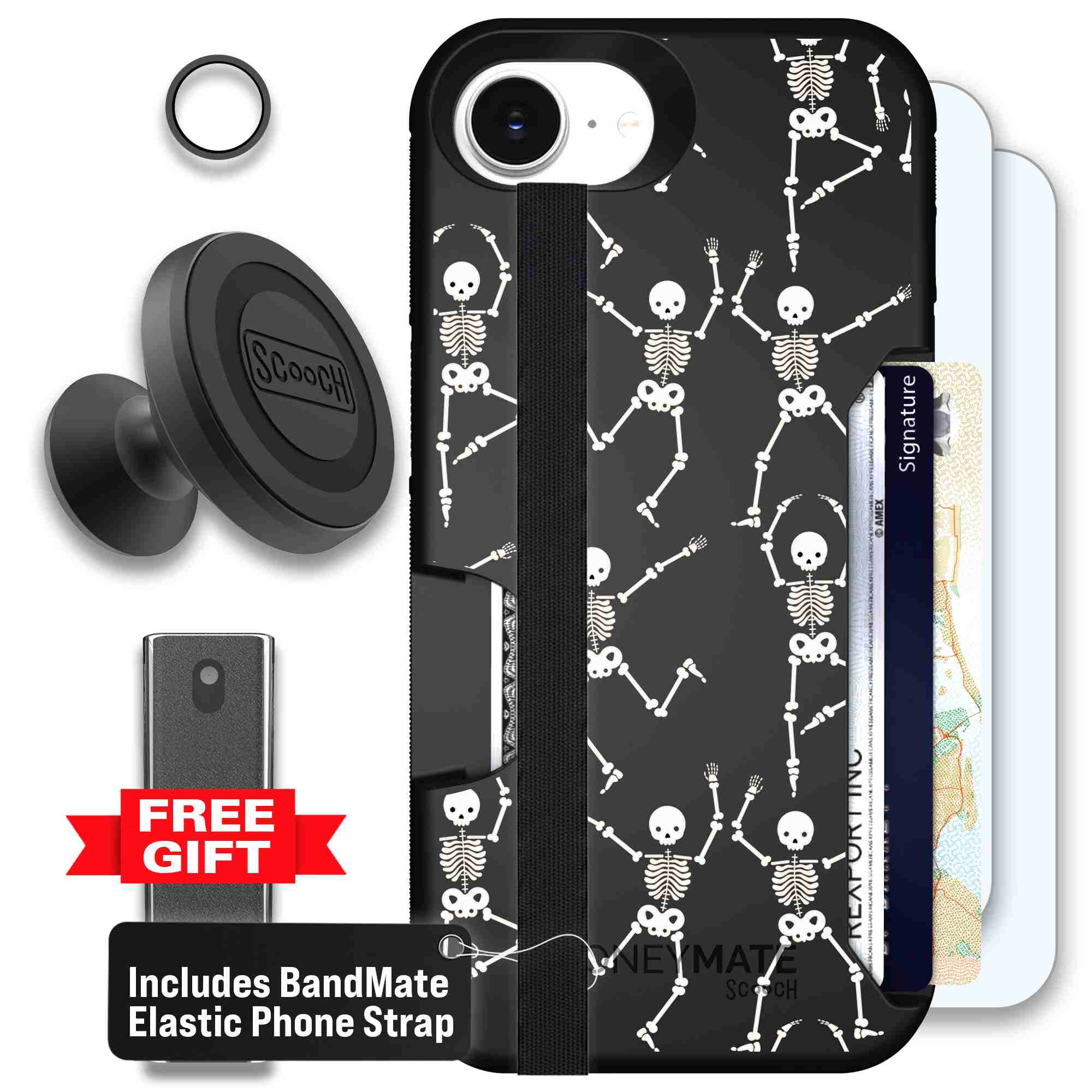 Swinging Skeletons white dancing skeleton pattern on a black Scooch Moneymate case for iPhone 17e - Defender Bundle