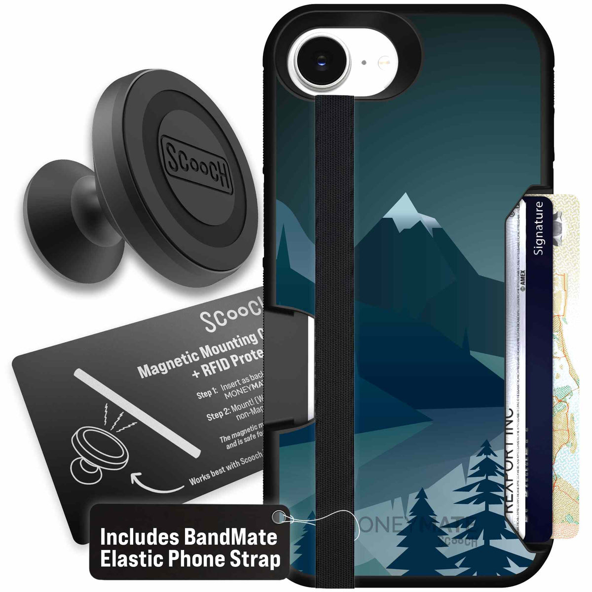 Midnight Ridge layered blue mountains and evergreen trees on a Scooch Moneymate case for iPhone 17e - Starter Bundle
