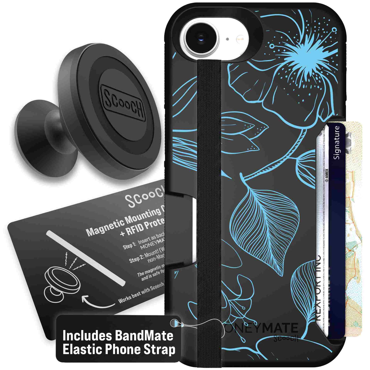 Blue Hibiscus cyan-blue tropical flower pattern on a charcoal Scooch Moneymate case for iPhone 17e - Starter Bundle