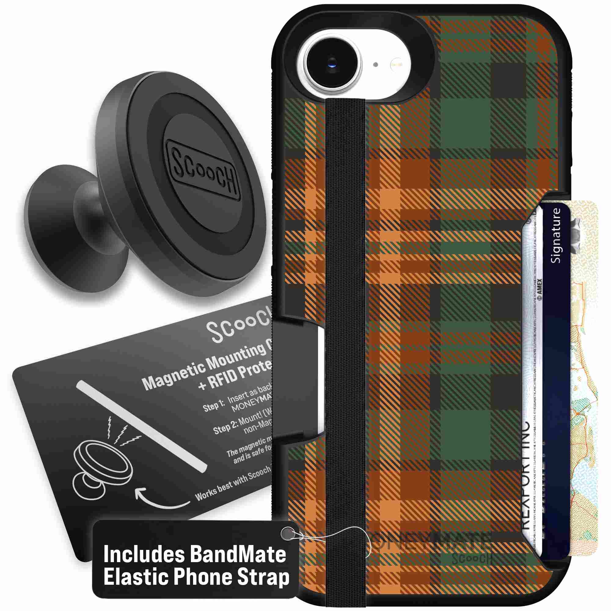 Fall Flannel orange and brown plaid pattern on a Scooch Moneymate case for iPhone 17e - Starter Bundle