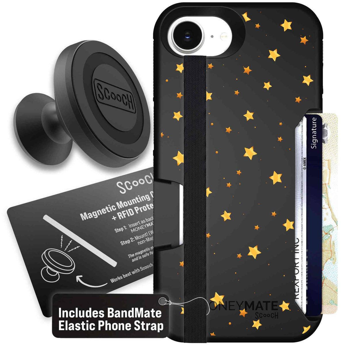 Gold Stars yellow and gold star pattern on a charcoal Scooch Moneymate case for iPhone 17e - Starter Bundle