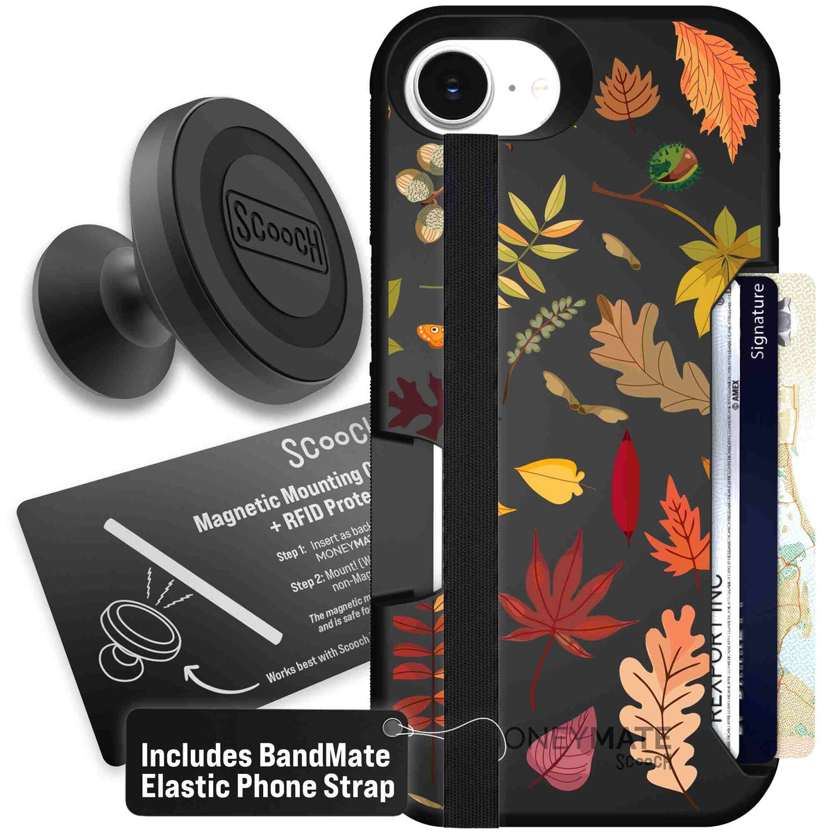 Autumn Leaves multicolored fall foliage pattern on a charcoal Scooch Moneymate case for iPhone 17e - Starter Bundle