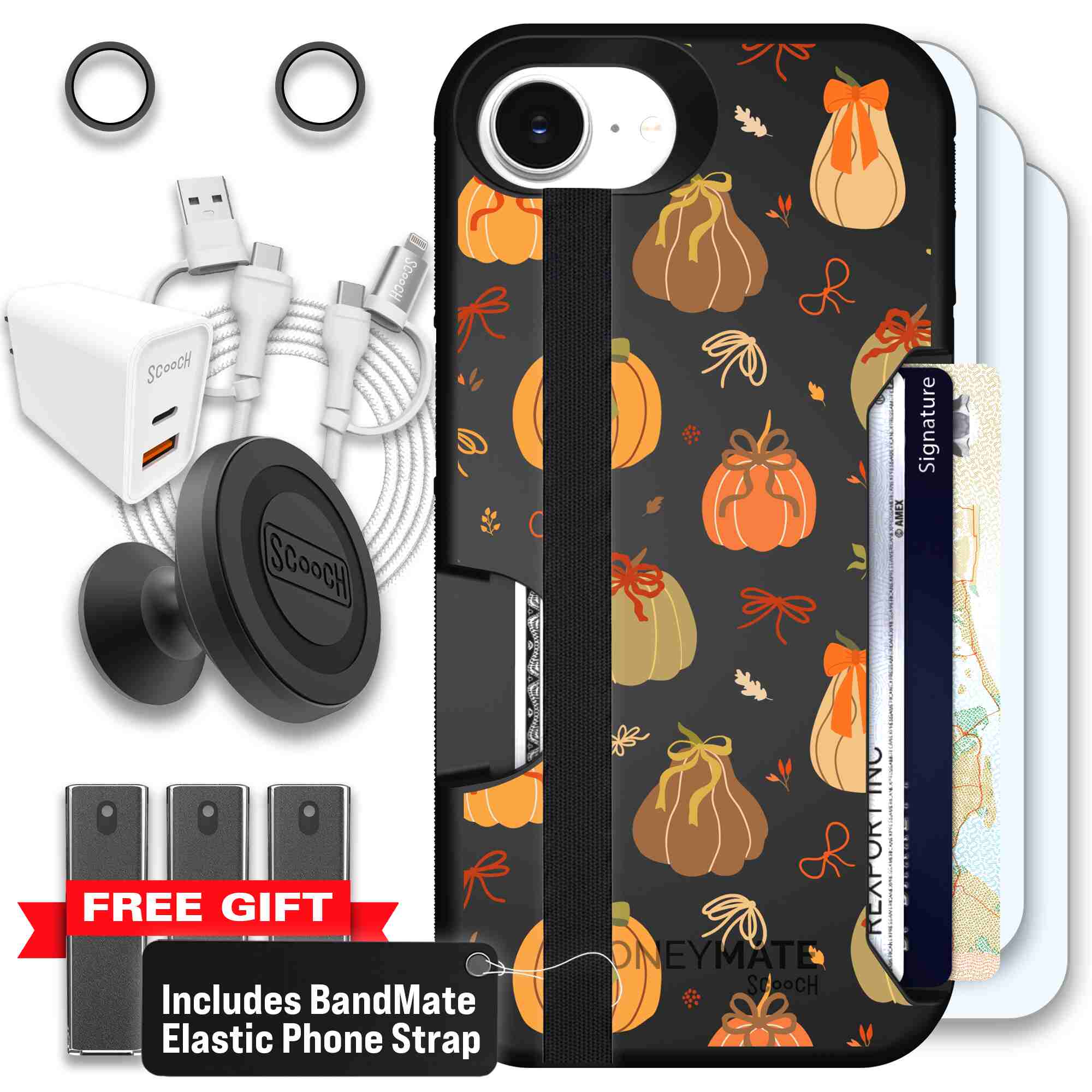 Pretty Pumpkins orange pumpkin and bow pattern on a Scooch Moneymate case for iPhone 17e - Ultimate Bundle