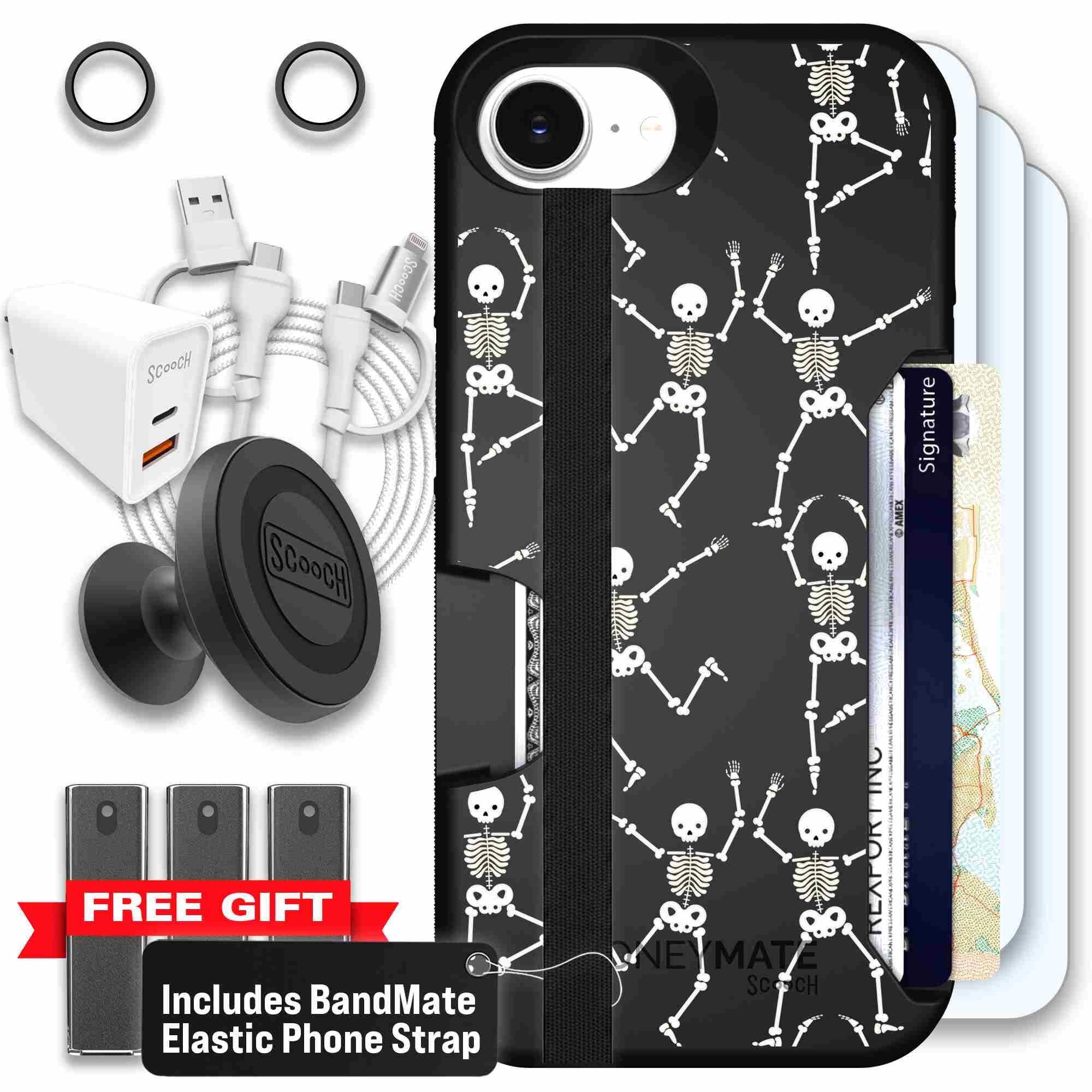 Swinging Skeletons white dancing skeleton pattern on a black Scooch Moneymate case for iPhone 17e - Ultimate Bundle