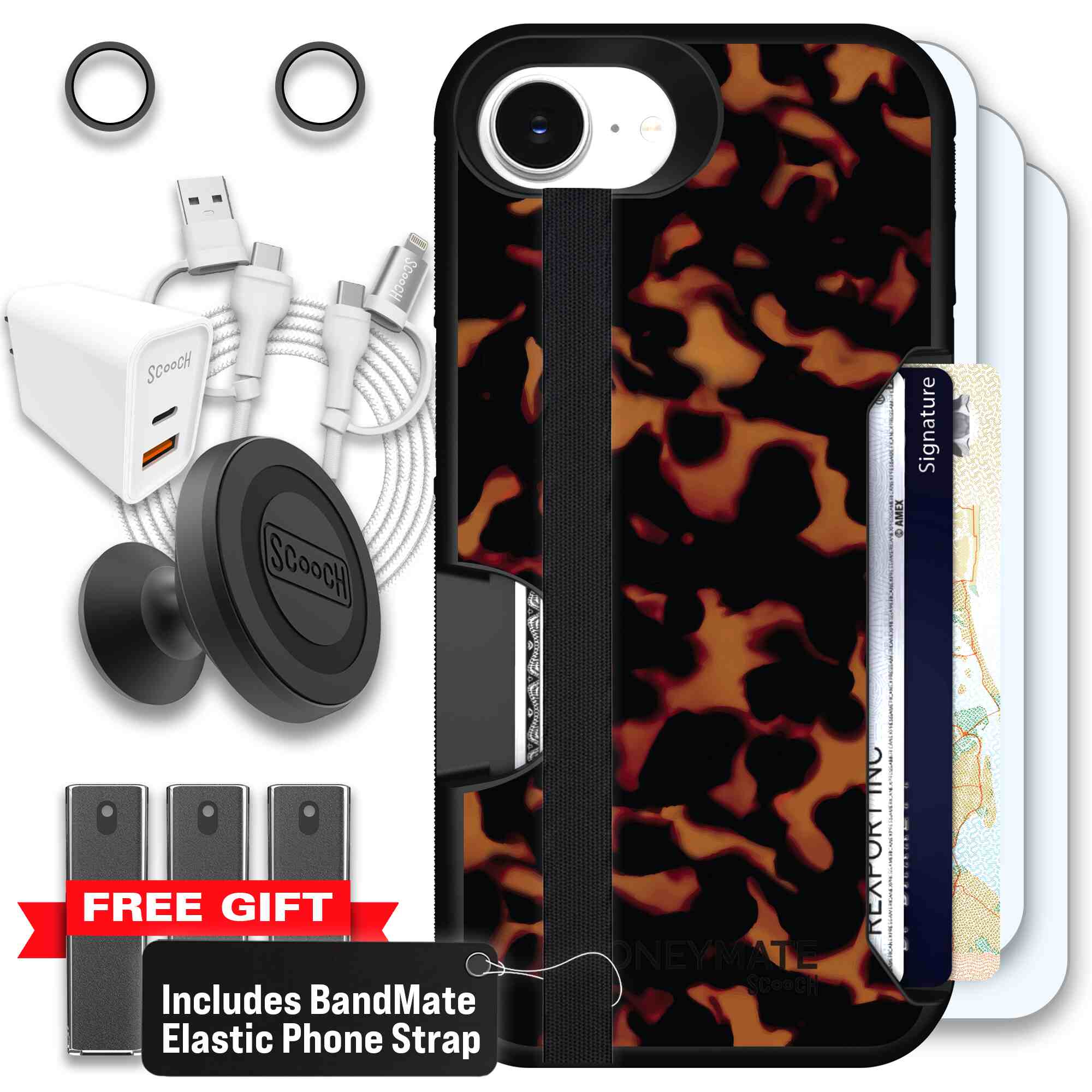 Tortoise Shell amber brown and black mottled pattern on a Scooch Moneymate case for iPhone 17e - Ultimate Bundle