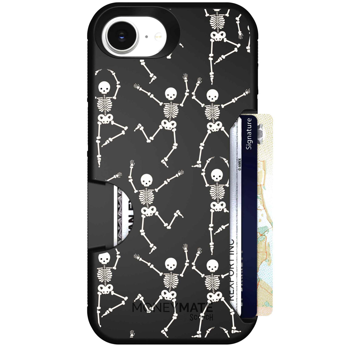 Swinging Skeletons white dancing skeleton pattern on a black Scooch Moneymate case for iPhone 17e
