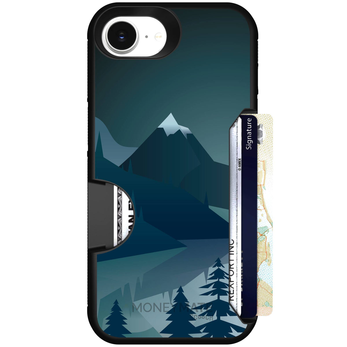 Midnight Ridge layered blue mountains and evergreen trees on a Scooch Moneymate case for iPhone 17e