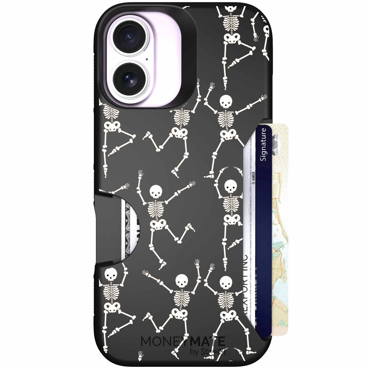 Swinging Skeletons white dancing skeleton pattern on a black Scooch Moneymate case for iPhone 17