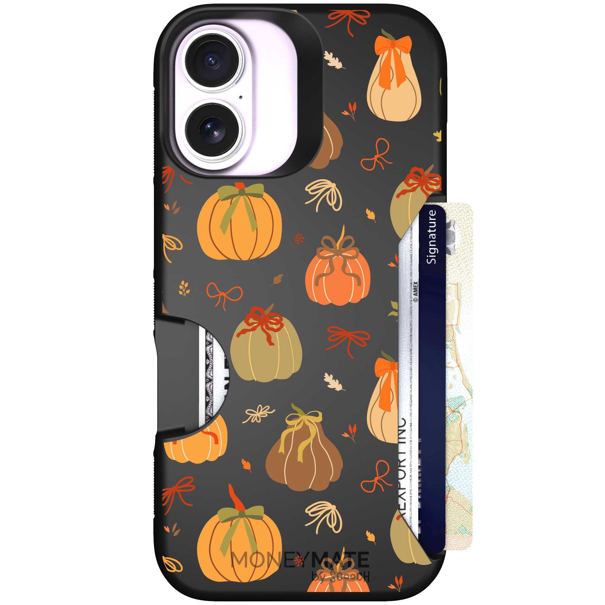 Pretty Pumpkins orange pumpkin and bow pattern on a Scooch Moneymate case for iPhone 17
