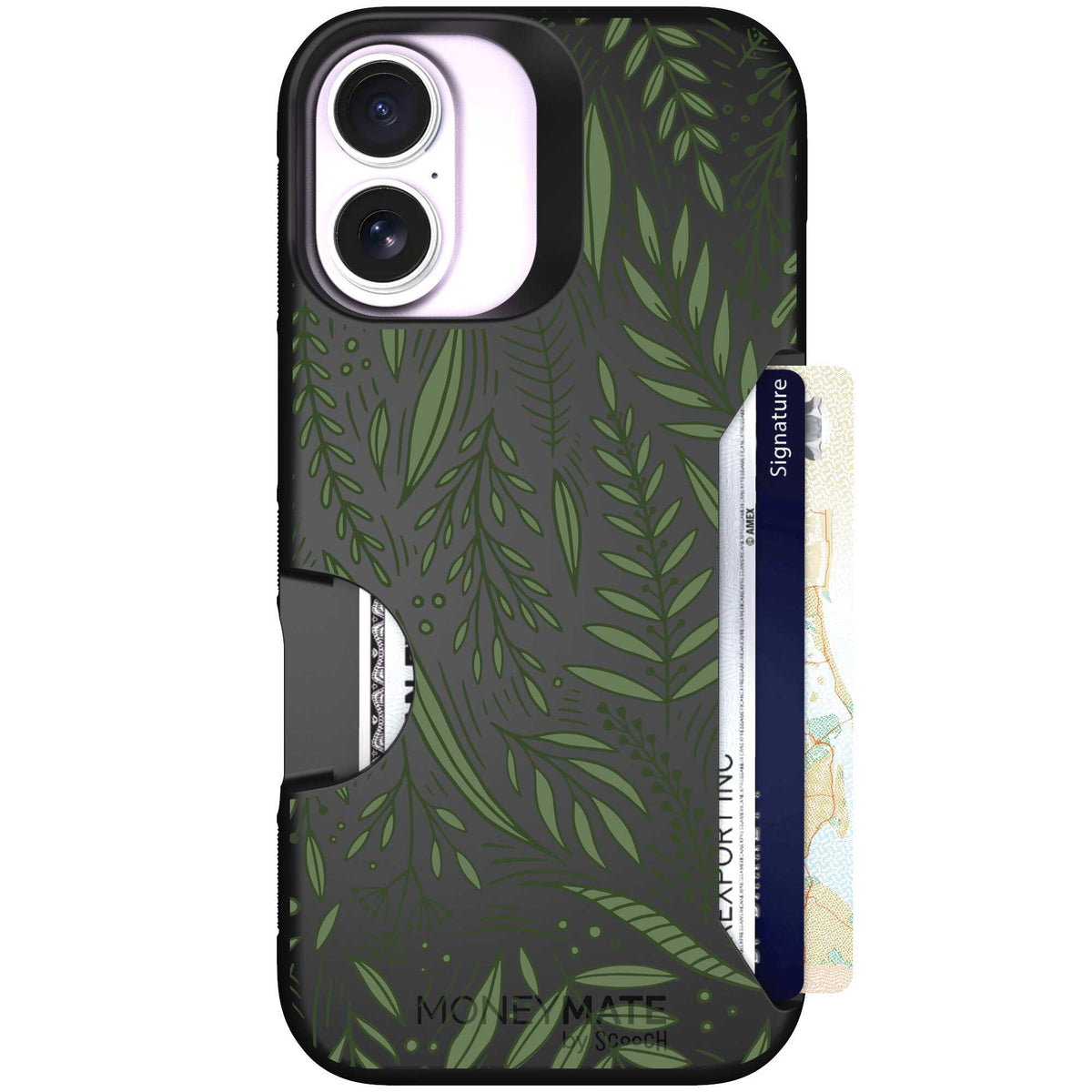 Willow Garden layered green leaves and branches on a charcoal Scooch Moneymate case for iPhone 17