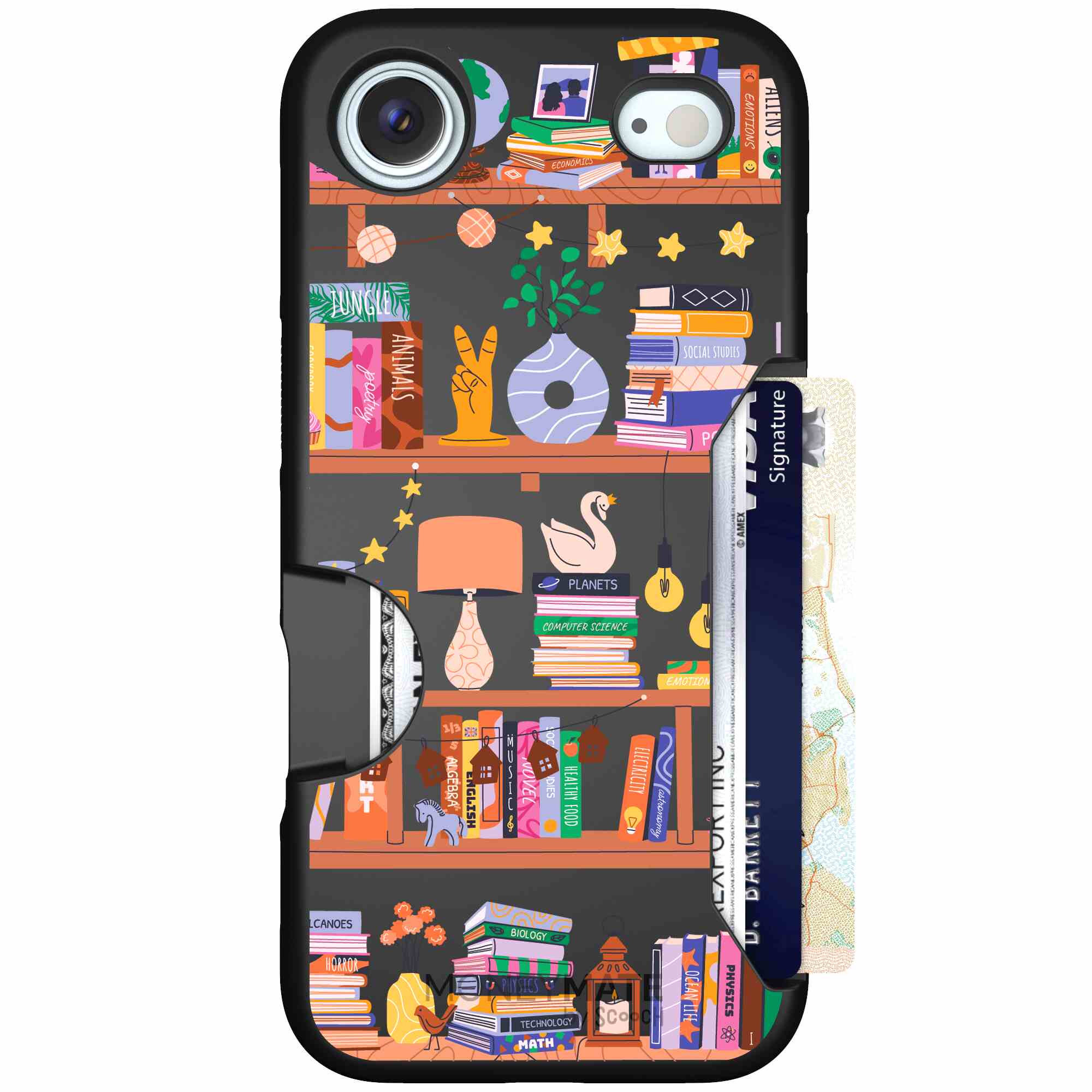 Little Library colorful book and bookshelf pattern on a Scooch Moneymate case for iPhone Air