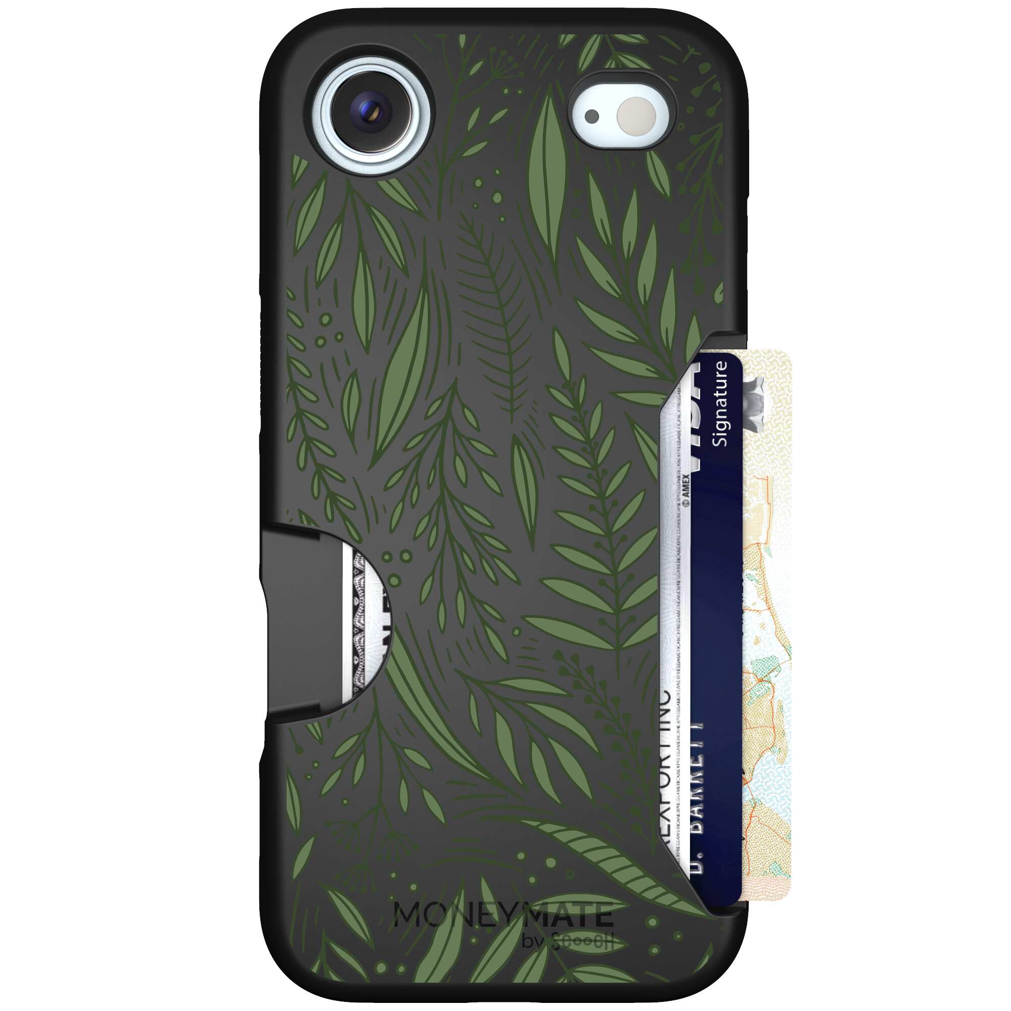 Willow Garden layered green leaves and branches on a charcoal Scooch Moneymate case for iPhone Air