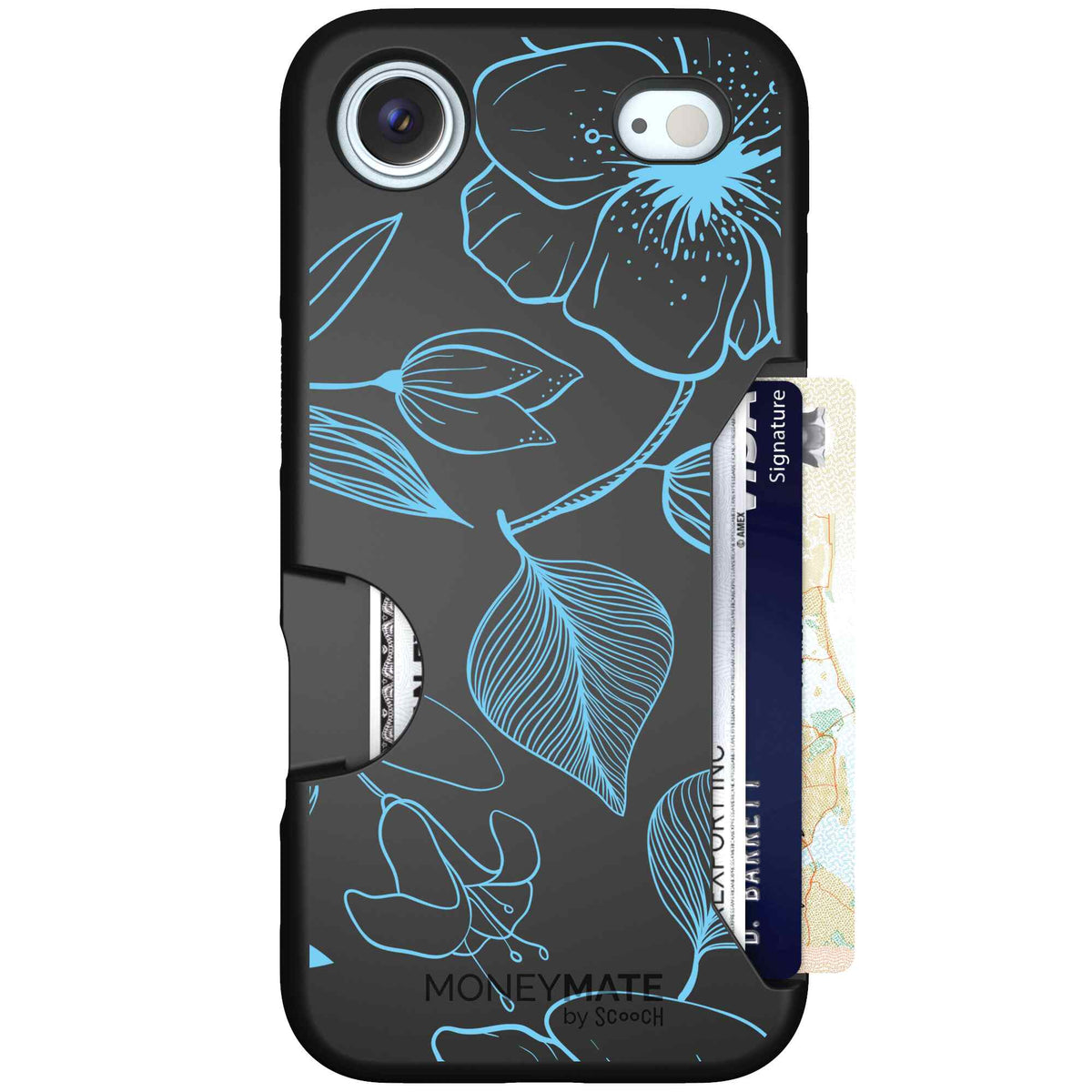 Blue Hibiscus cyan-blue tropical flower pattern on a charcoal Scooch Moneymate case for iPhone Air