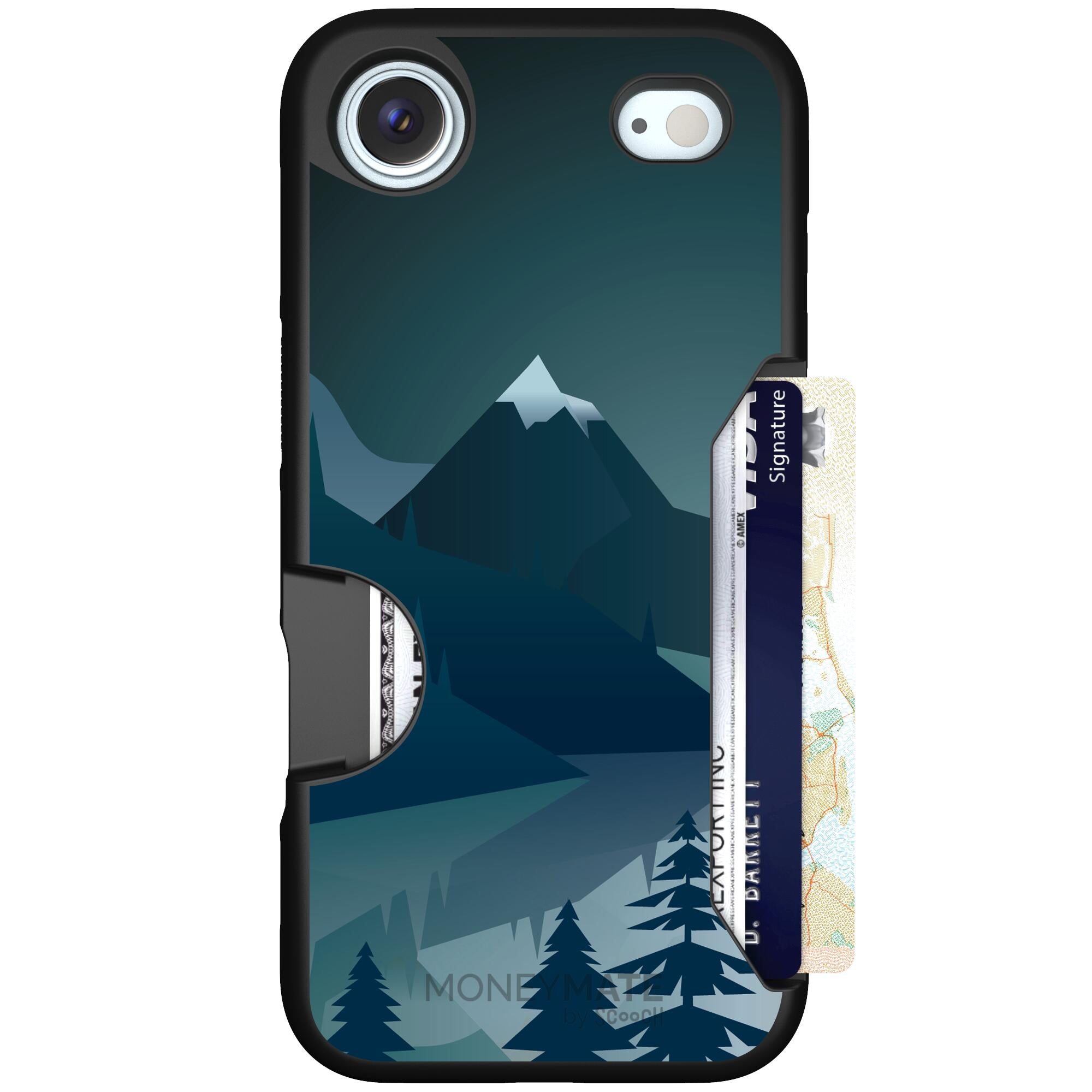 Midnight Ridge layered blue mountains and evergreen trees on a Scooch Moneymate case for iPhone Air