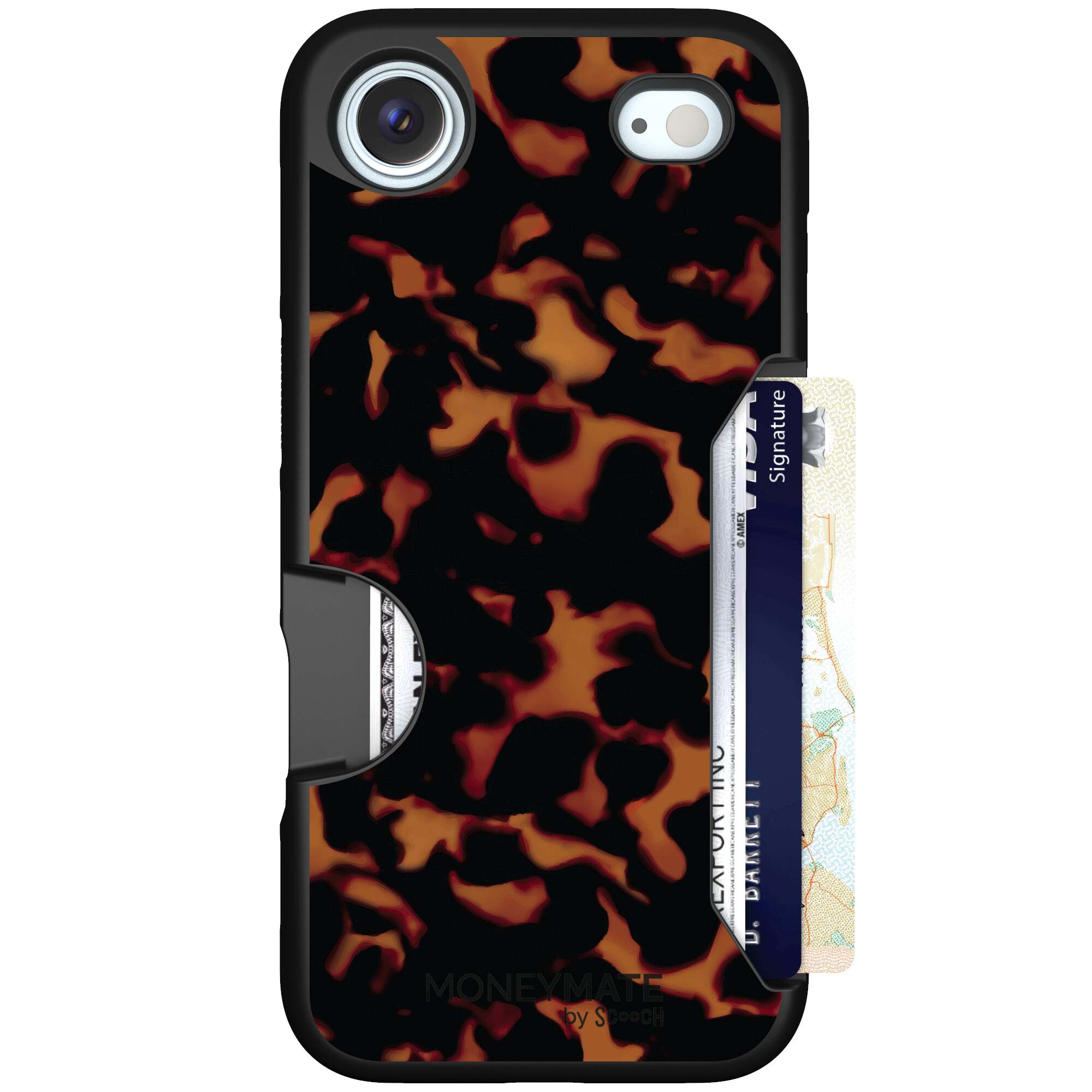 Tortoise Shell amber brown and black mottled pattern on a Scooch Moneymate case for iPhone Air