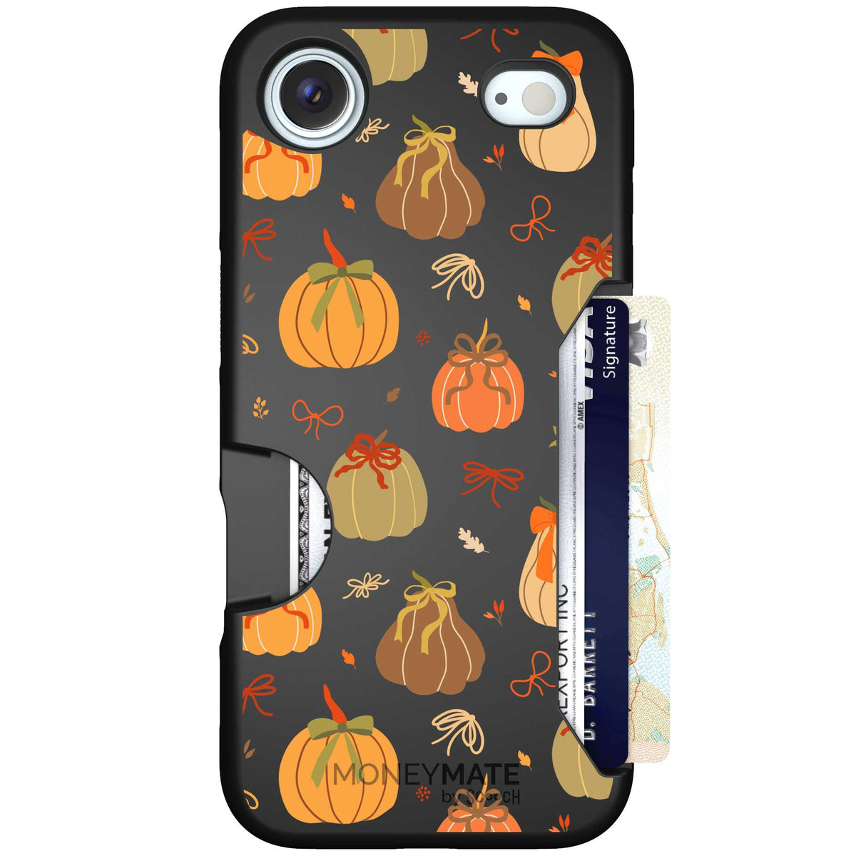 Pretty Pumpkins orange pumpkin and bow pattern on a Scooch Moneymate case for iPhone Air