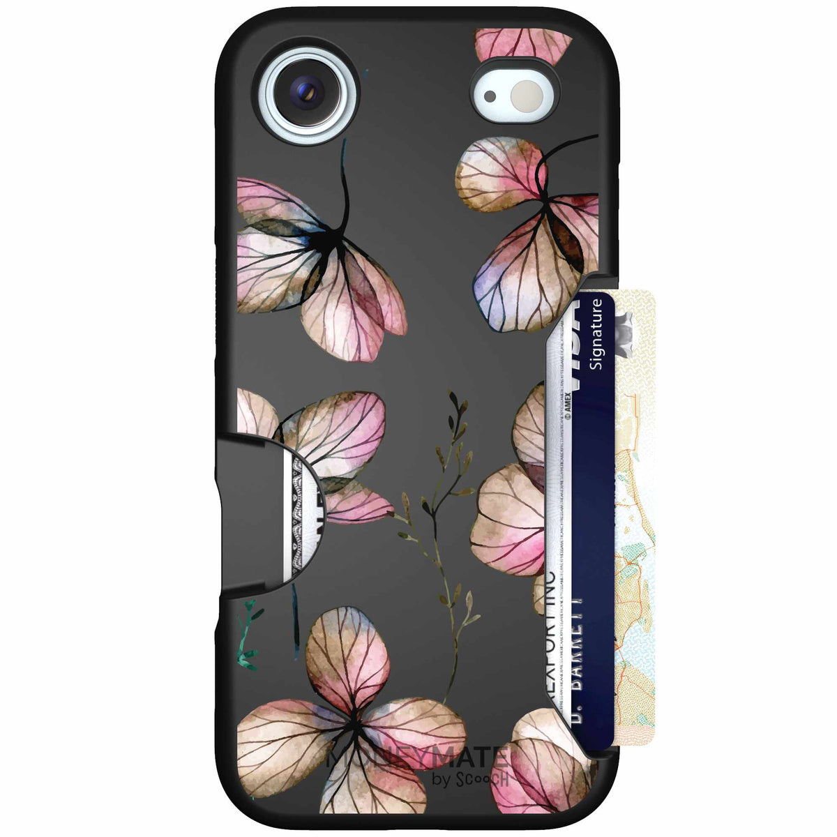 Dried Flowers blush mauve and cream floral pattern on a black Scooch Moneymate case for iPhone Air