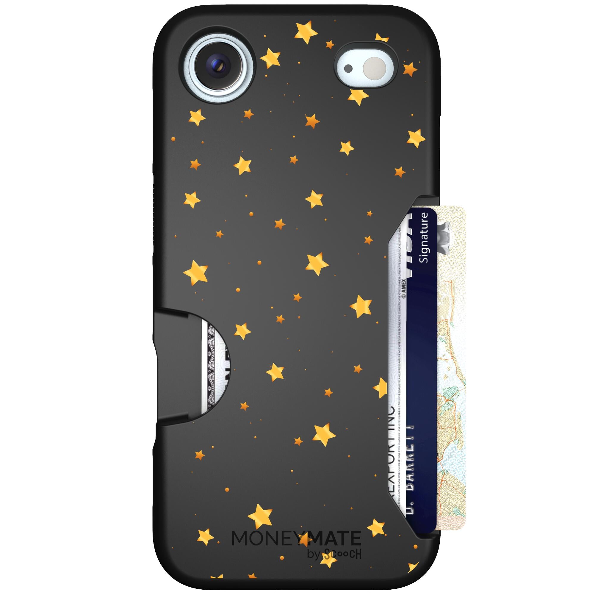 Gold Stars yellow and gold star pattern on a charcoal Scooch Moneymate case for iPhone Air