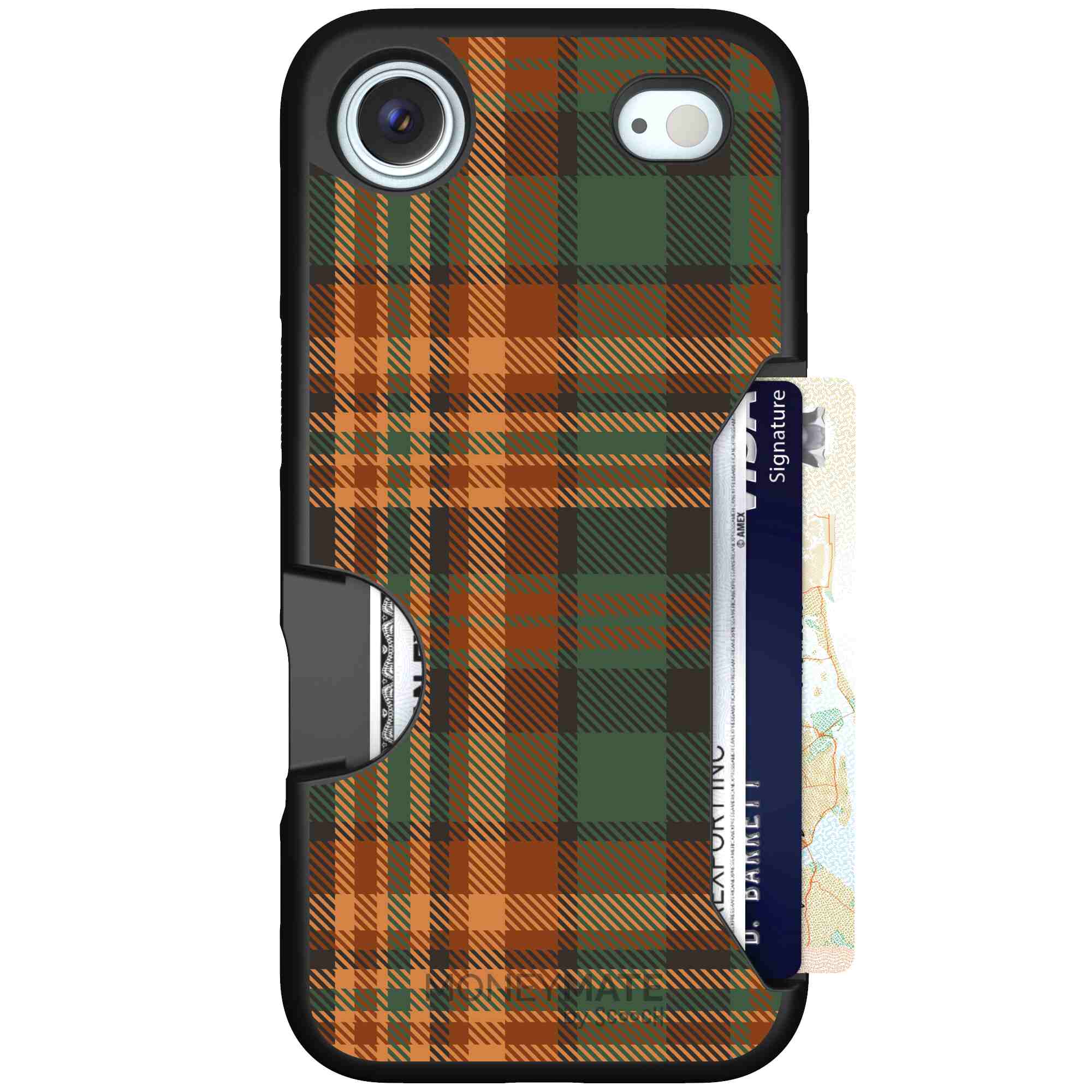 Fall Flannel orange and brown plaid pattern on a Scooch Moneymate case for iPhone Air