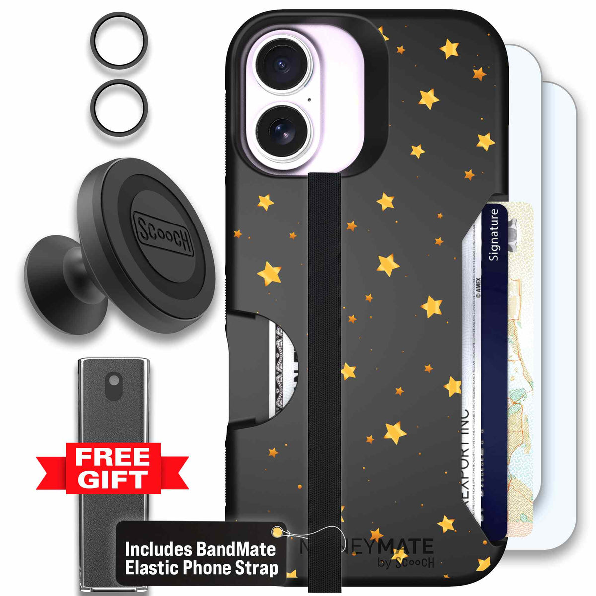 Gold Stars yellow and gold star pattern on a charcoal Scooch Moneymate case for iPhone 17 - Defender Bundle