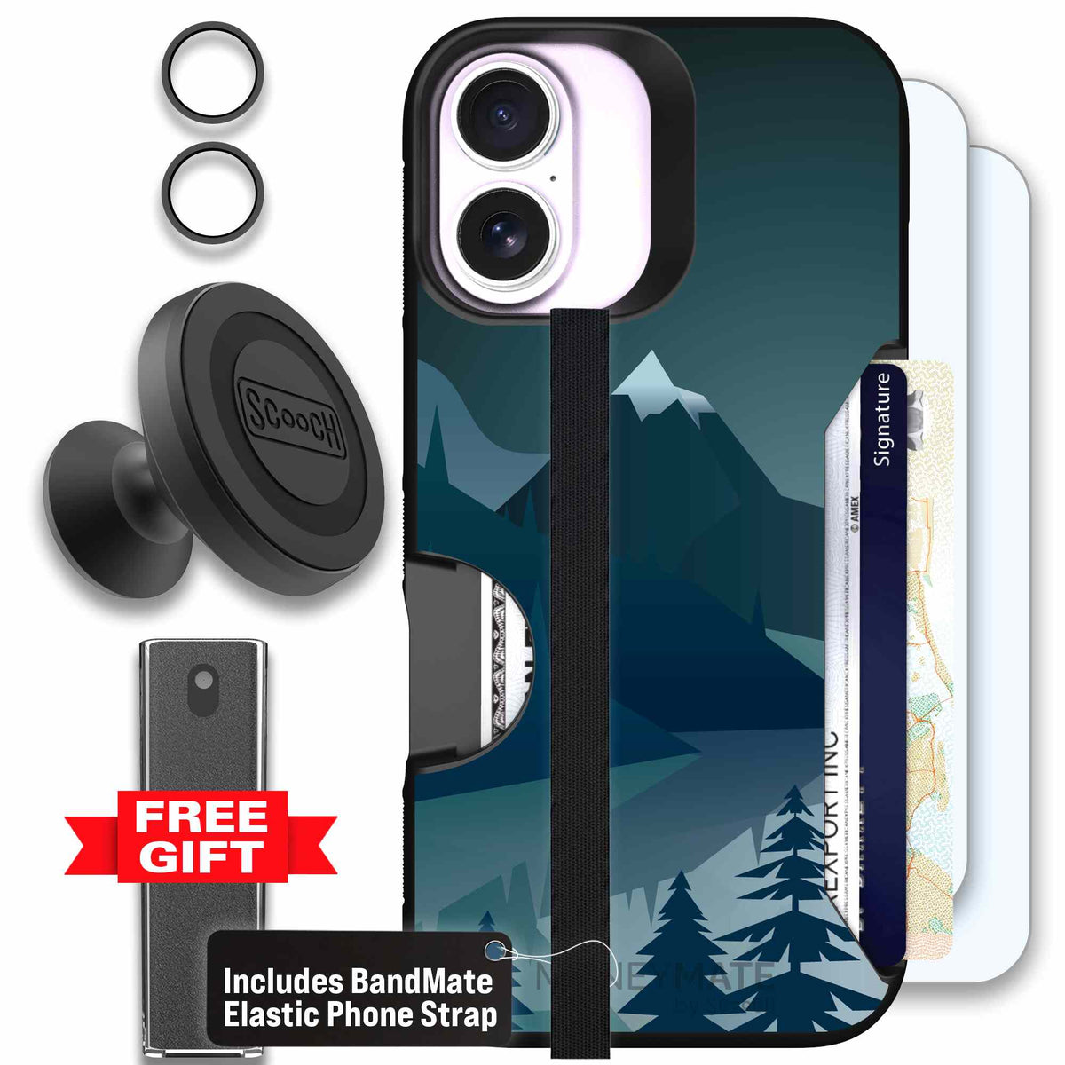 Midnight Ridge layered blue mountains and evergreen trees on a Scooch Moneymate case for iPhone 17 - Defender Bundle