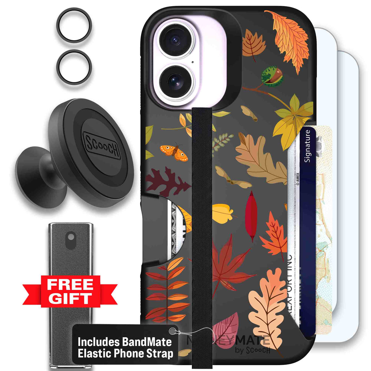 Autumn Leaves multicolored fall foliage pattern on a charcoal Scooch Moneymate case for iPhone 17 - Defender Bundle