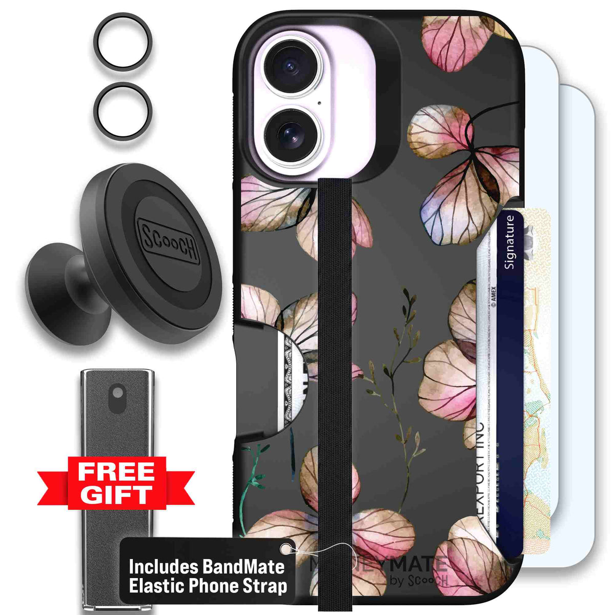 Dried Flowers blush mauve and cream floral pattern on a black Scooch Moneymate case for iPhone 17 - Defender Bundle