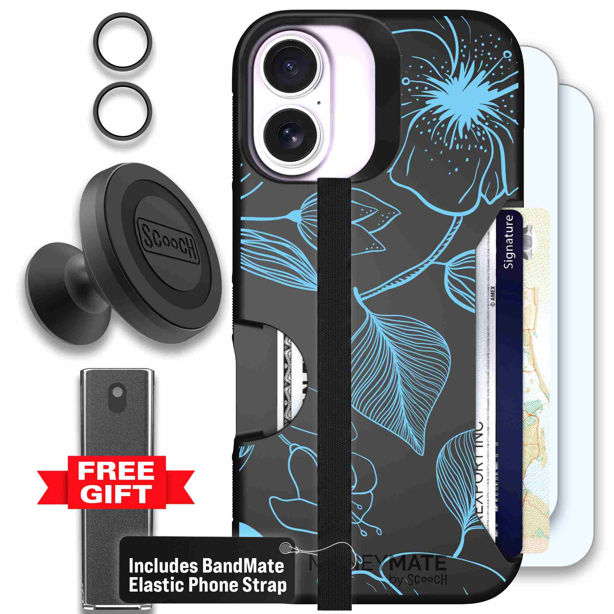 Blue Hibiscus cyan-blue tropical flower pattern on a charcoal Scooch Moneymate case for iPhone 17 - Defender Bundle