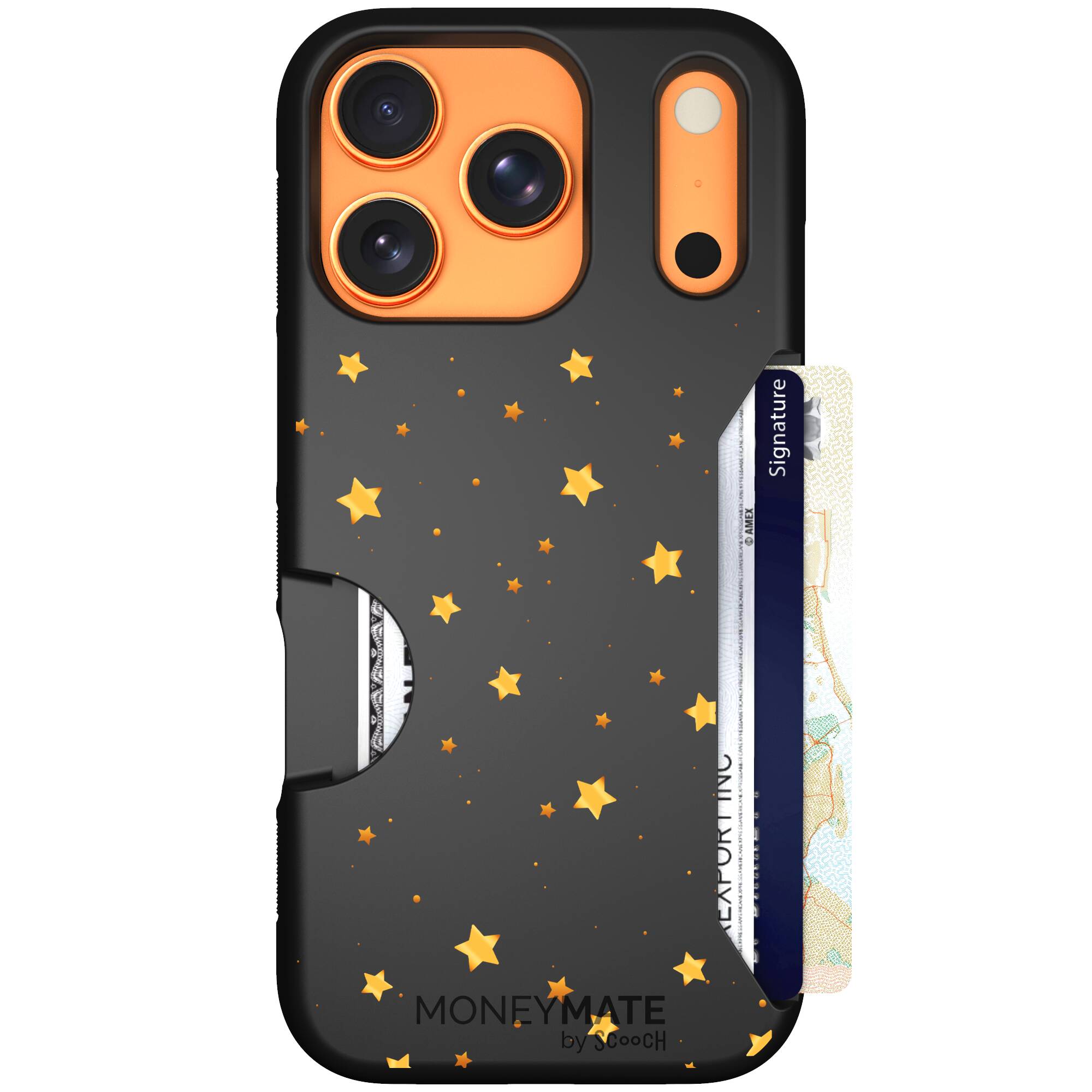 Gold Stars yellow and gold star pattern on a charcoal Scooch Moneymate case for iPhone 17 Pro