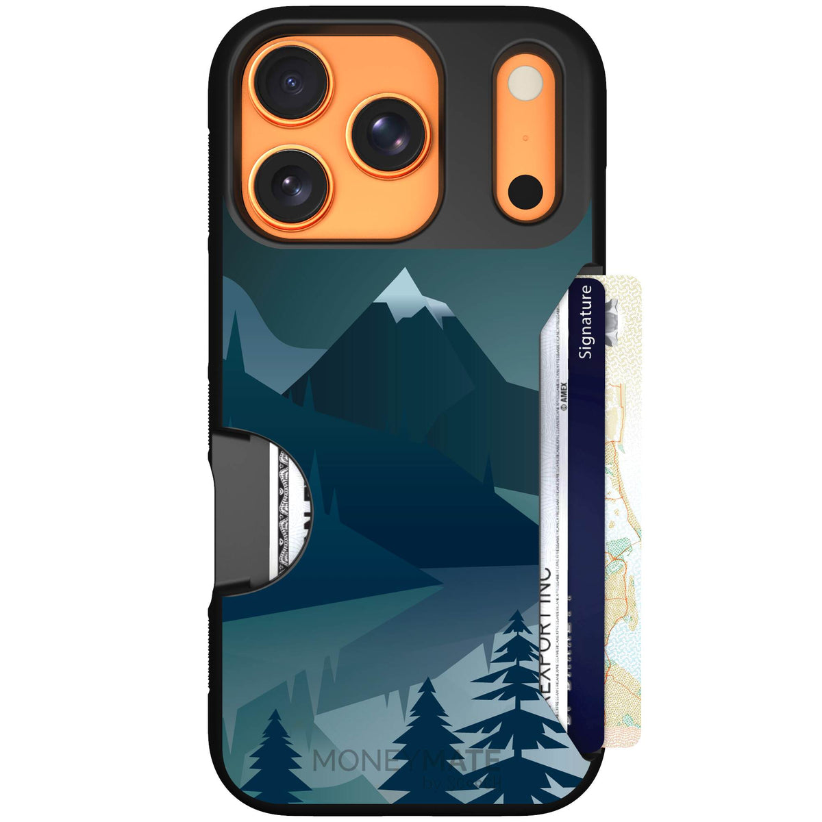 Midnight Ridge layered blue mountains and evergreen trees on a Scooch Moneymate case for iPhone 17 Pro