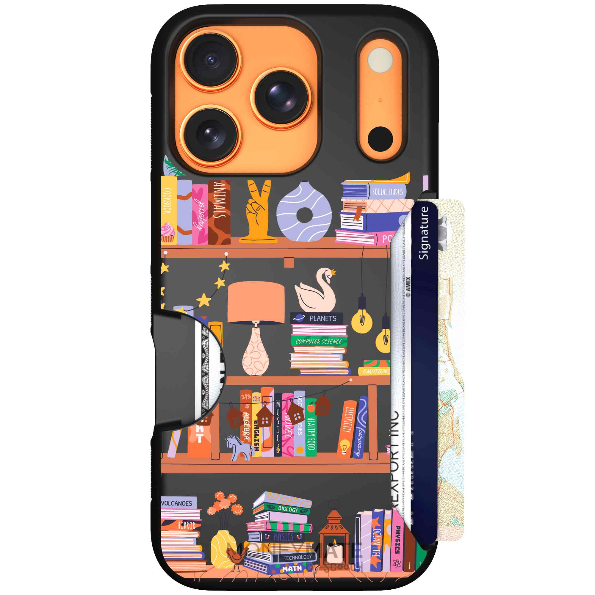 Little Library colorful book and bookshelf pattern on a Scooch Moneymate case for iPhone 17 Pro