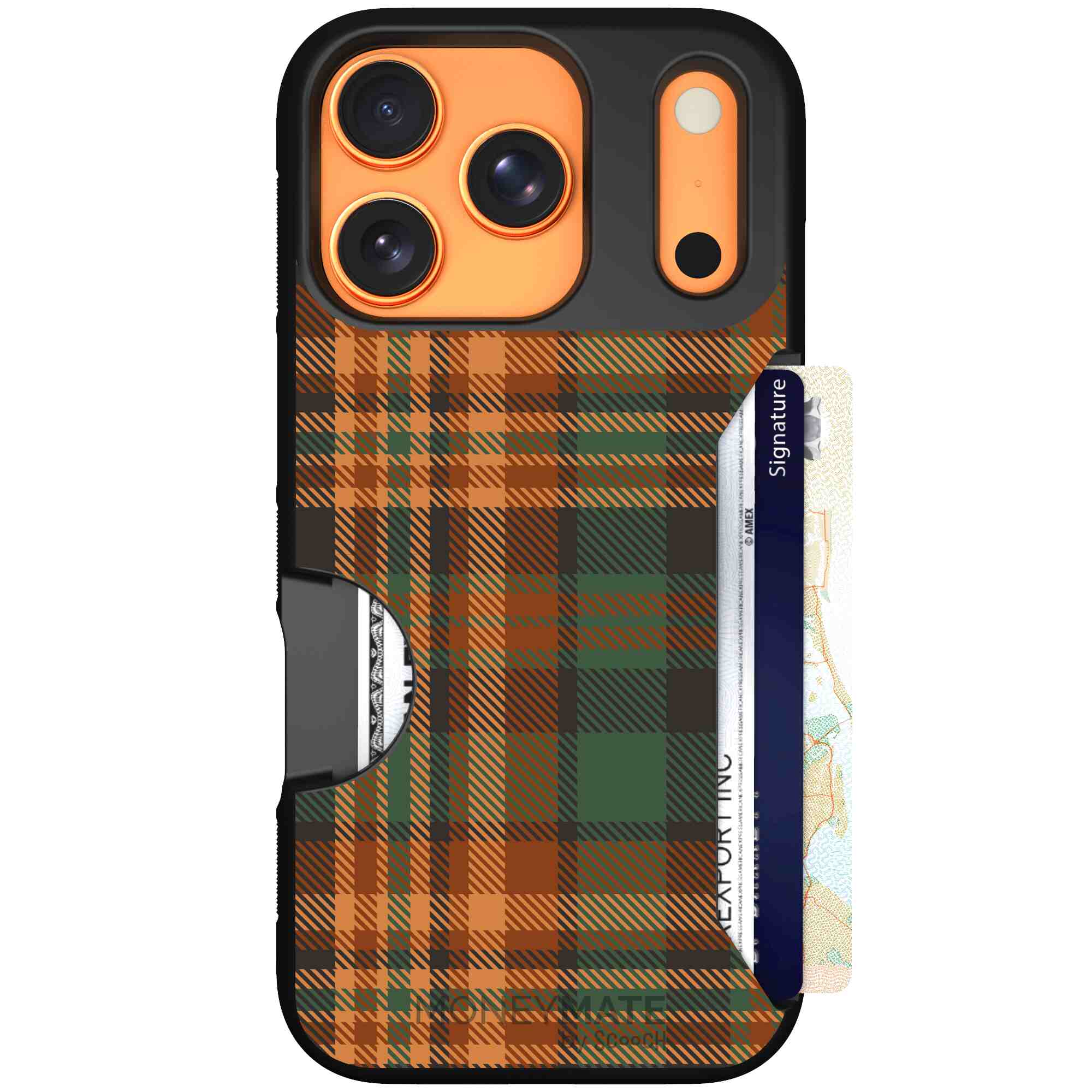 Fall Flannel orange and brown plaid pattern on a Scooch Moneymate case for iPhone 17 Pro