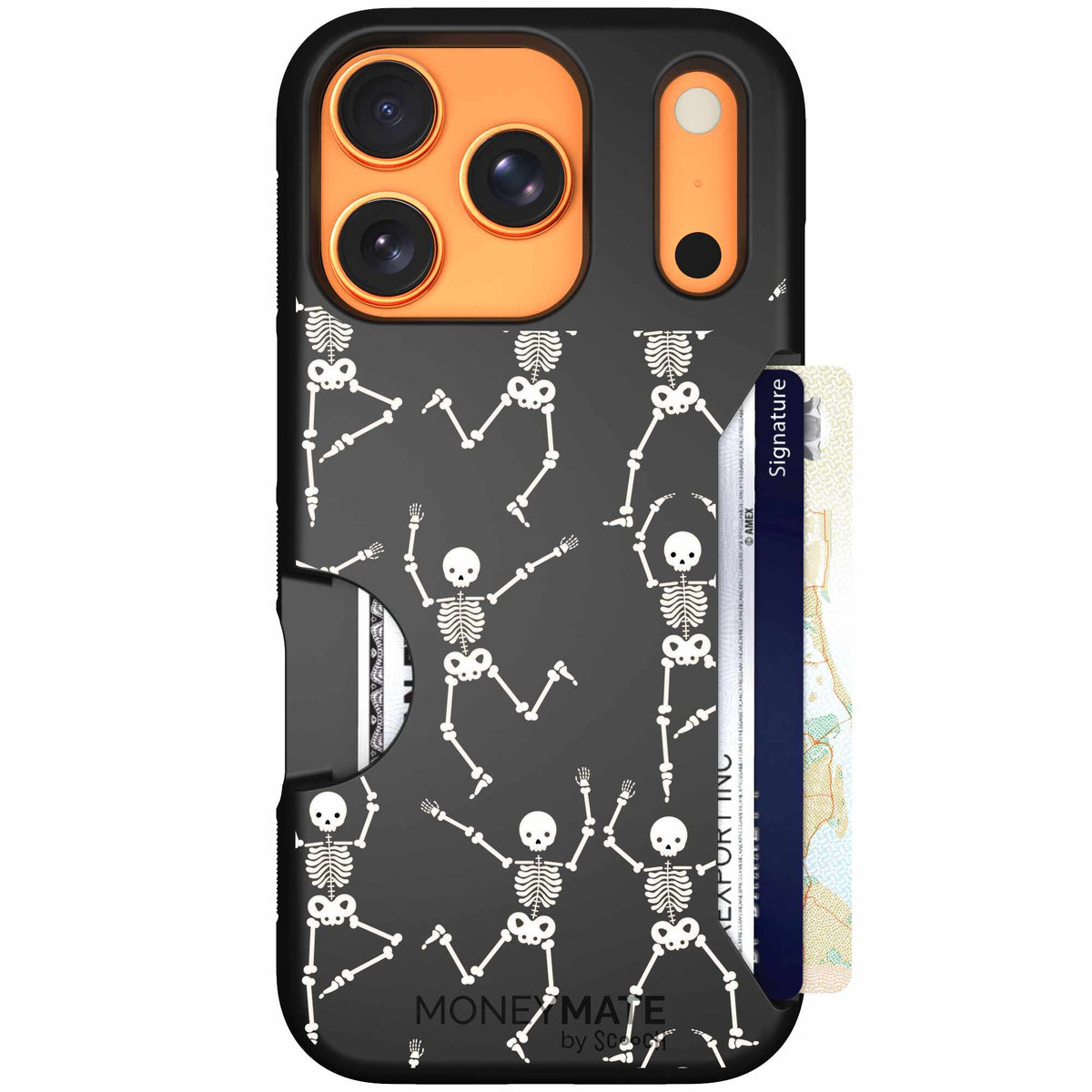 Swinging Skeletons white dancing skeleton pattern on a black Scooch Moneymate case for iPhone 17 Pro