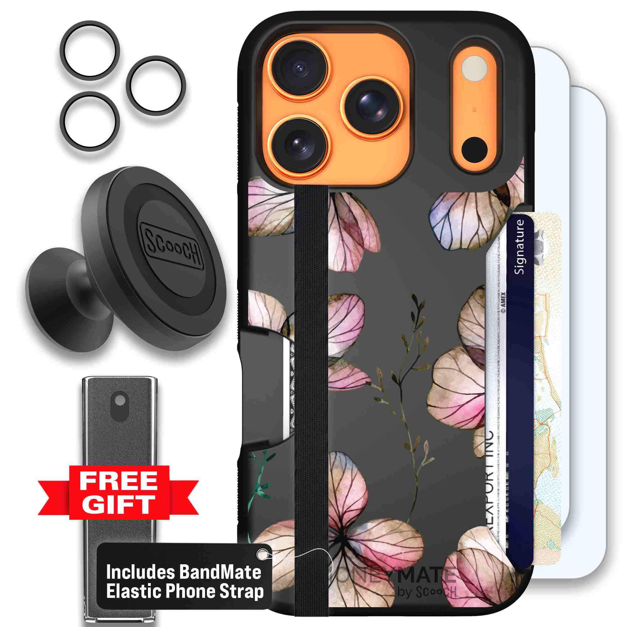 Dried Flowers blush mauve and cream floral pattern on a black Scooch Moneymate case for iPhone 17 Pro - Defender Bundle