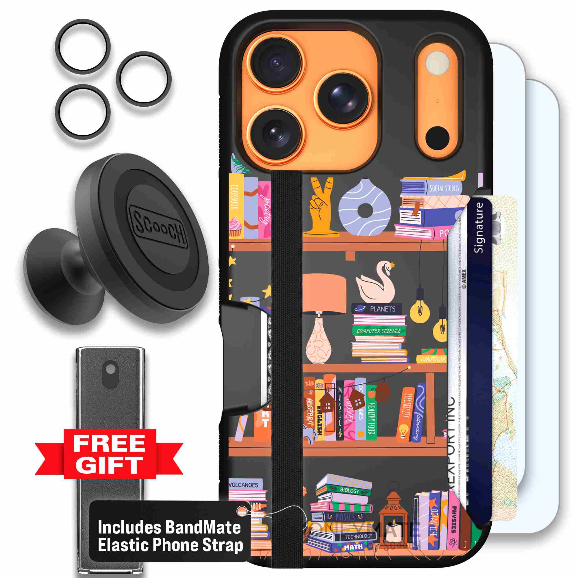 Little Library colorful book and bookshelf pattern on a Scooch Moneymate case for iPhone 17 Pro - Defender Bundle