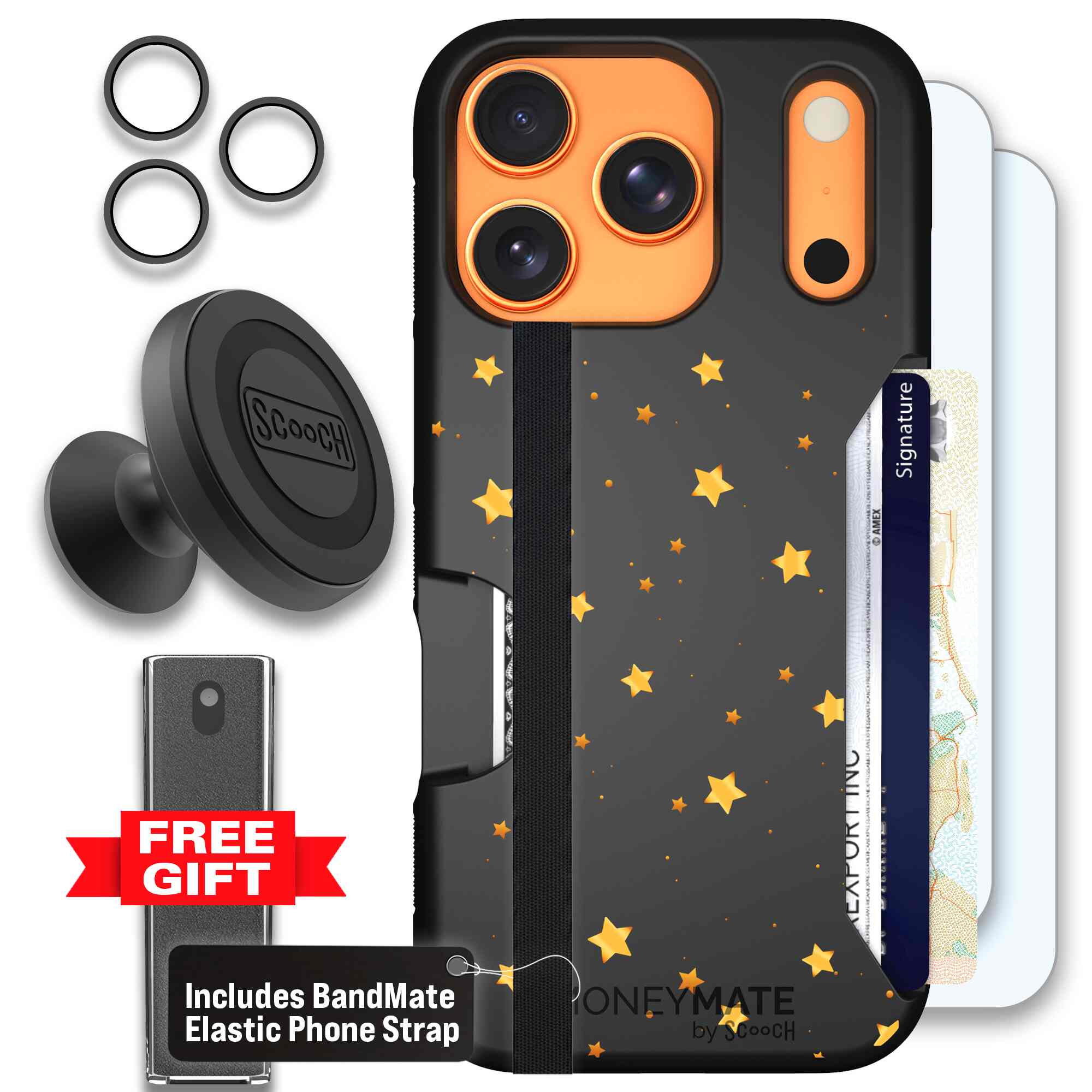 Gold Stars yellow and gold star pattern on a charcoal Scooch Moneymate case for iPhone 17 Pro - Defender Bundle