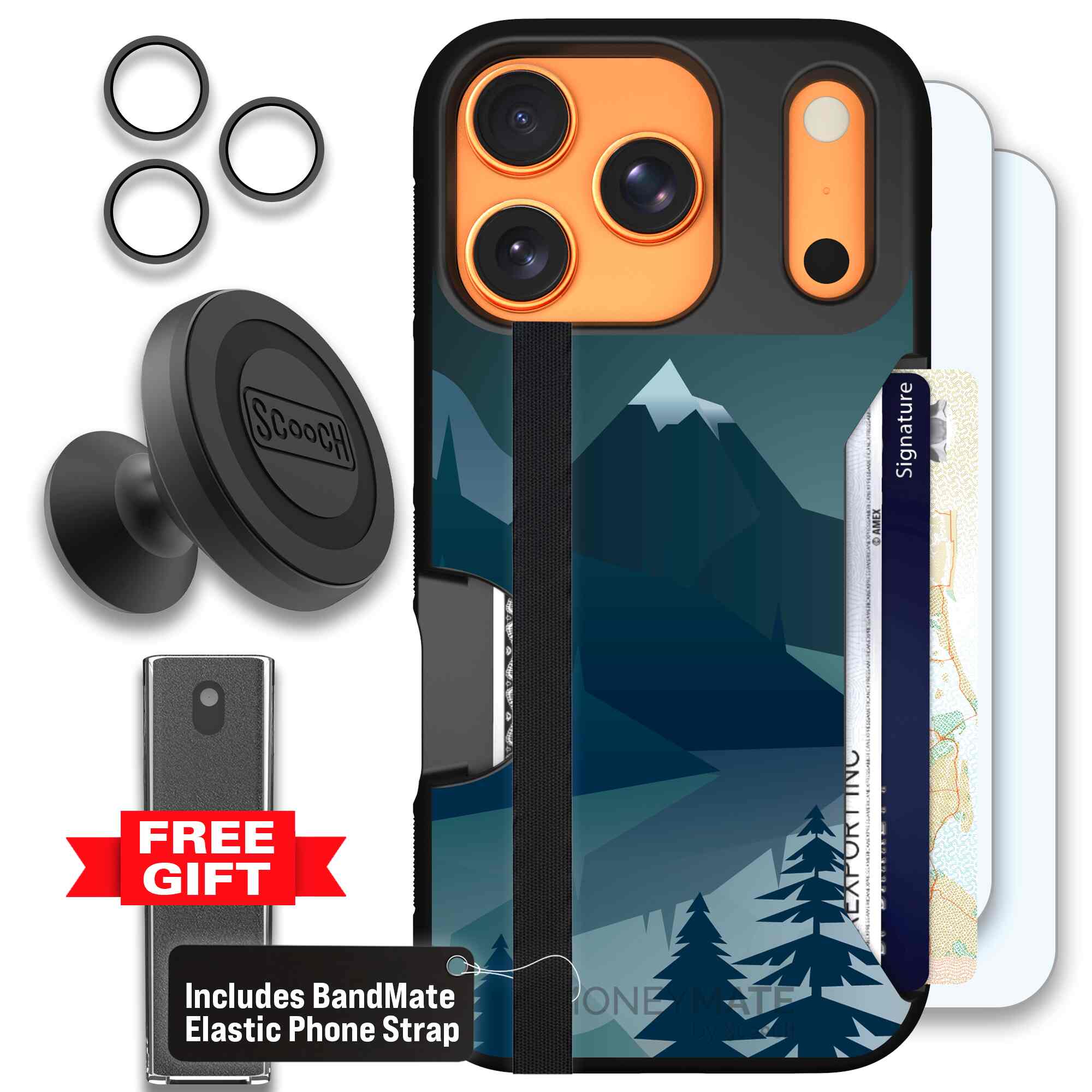 Midnight Ridge layered blue mountains and evergreen trees on a Scooch Moneymate case for iPhone 17 Pro - Defender Bundle