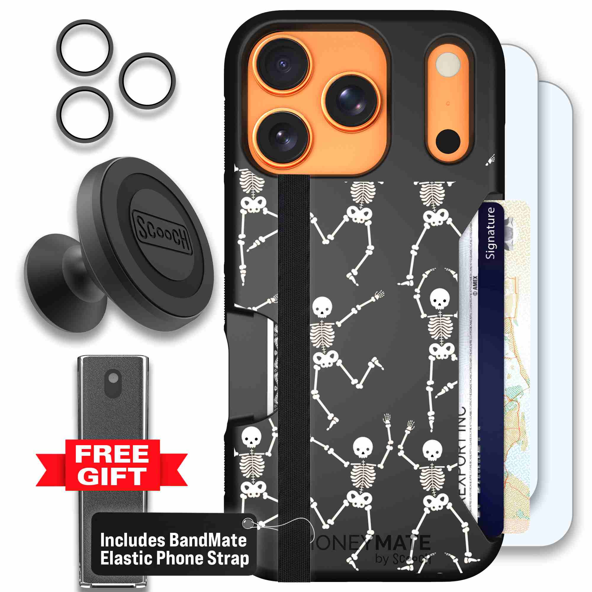 Swinging Skeletons white dancing skeleton pattern on a black Scooch Moneymate case for iPhone 17 Pro - Defender Bundle