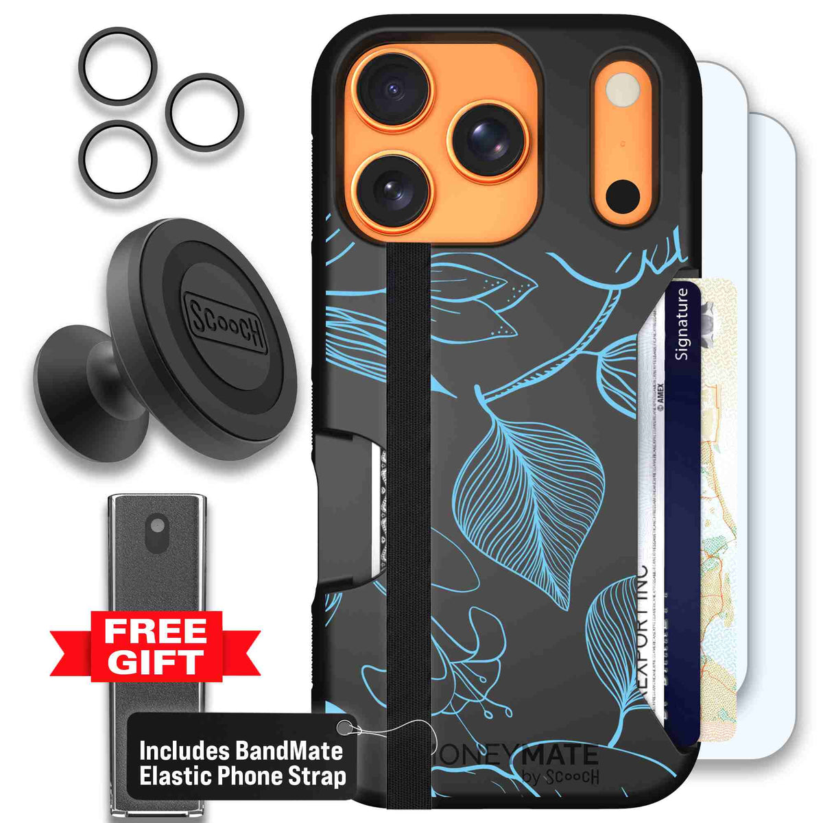 Blue Hibiscus cyan-blue tropical flower pattern on a charcoal Scooch Moneymate case for iPhone 17 Pro - Defender Bundle