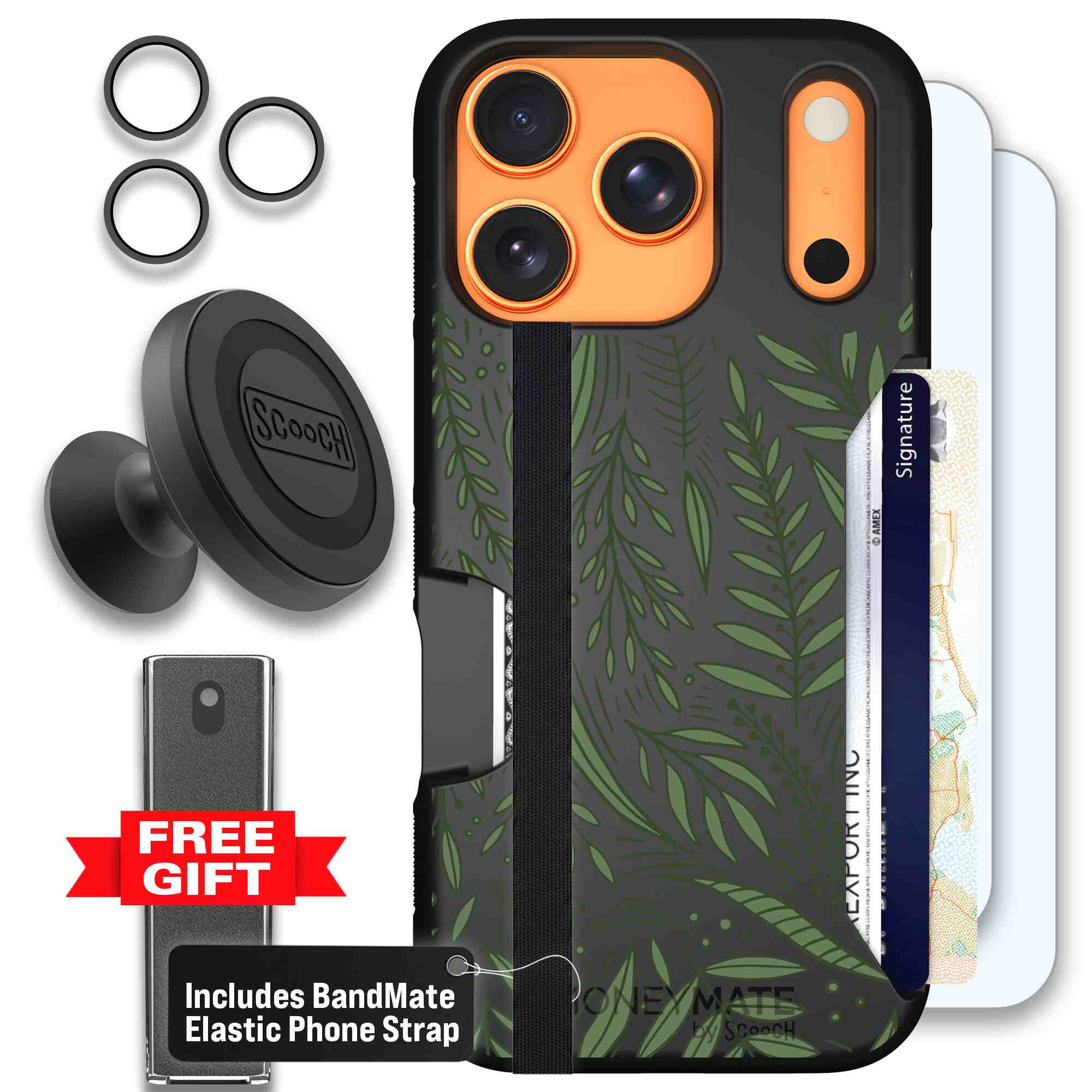 Willow Garden layered green leaves and branches on a charcoal Scooch Moneymate case for iPhone 17 Pro - Defender Bundle
