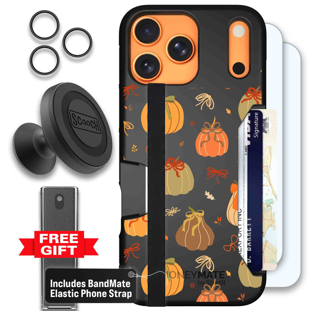 Pretty Pumpkins orange pumpkin and bow pattern on a Scooch Moneymate case for iPhone 17 Pro Max - Defender Bundle