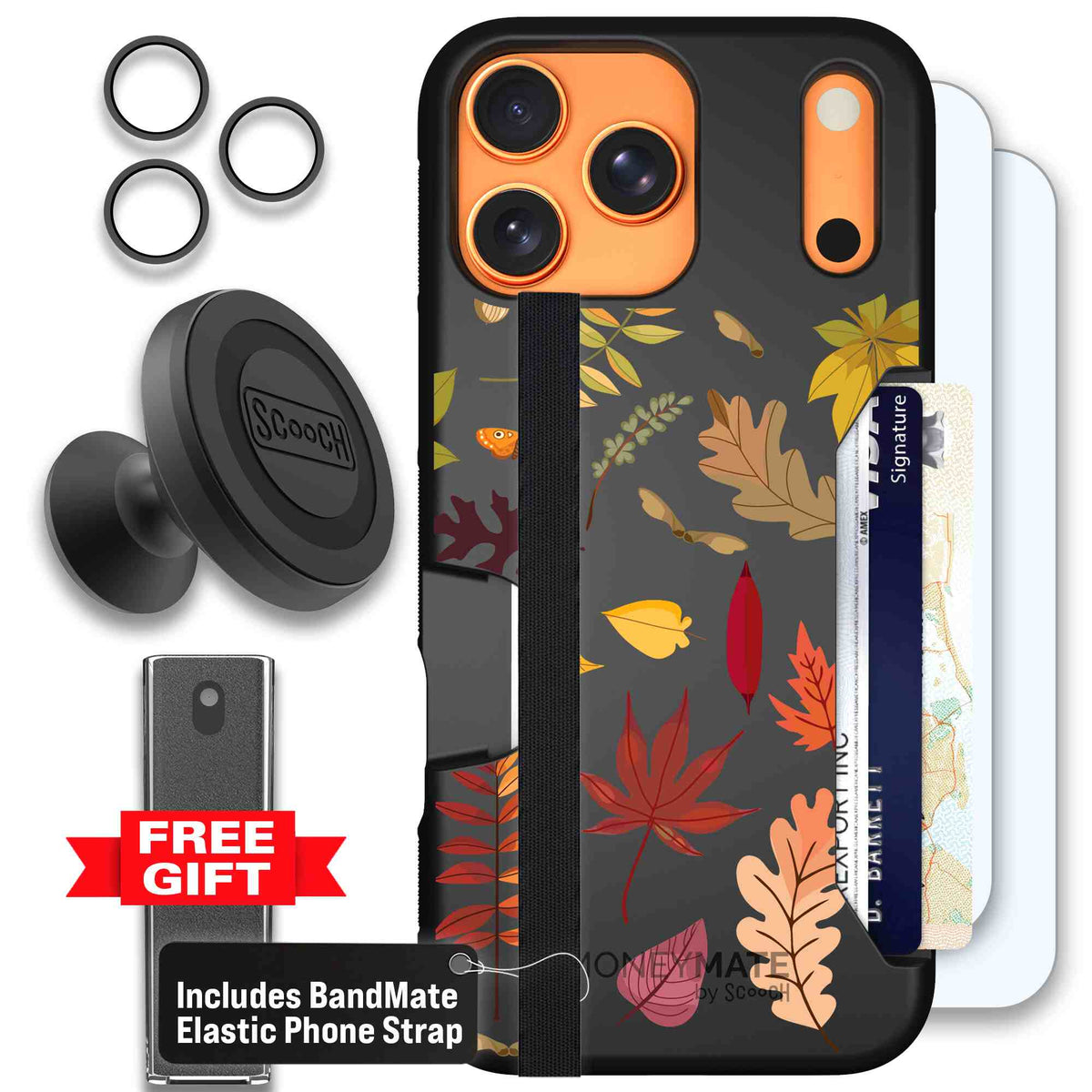 Autumn Leaves multicolored fall foliage pattern on a charcoal Scooch Moneymate case for iPhone 17 Pro Max - Defender Bundle