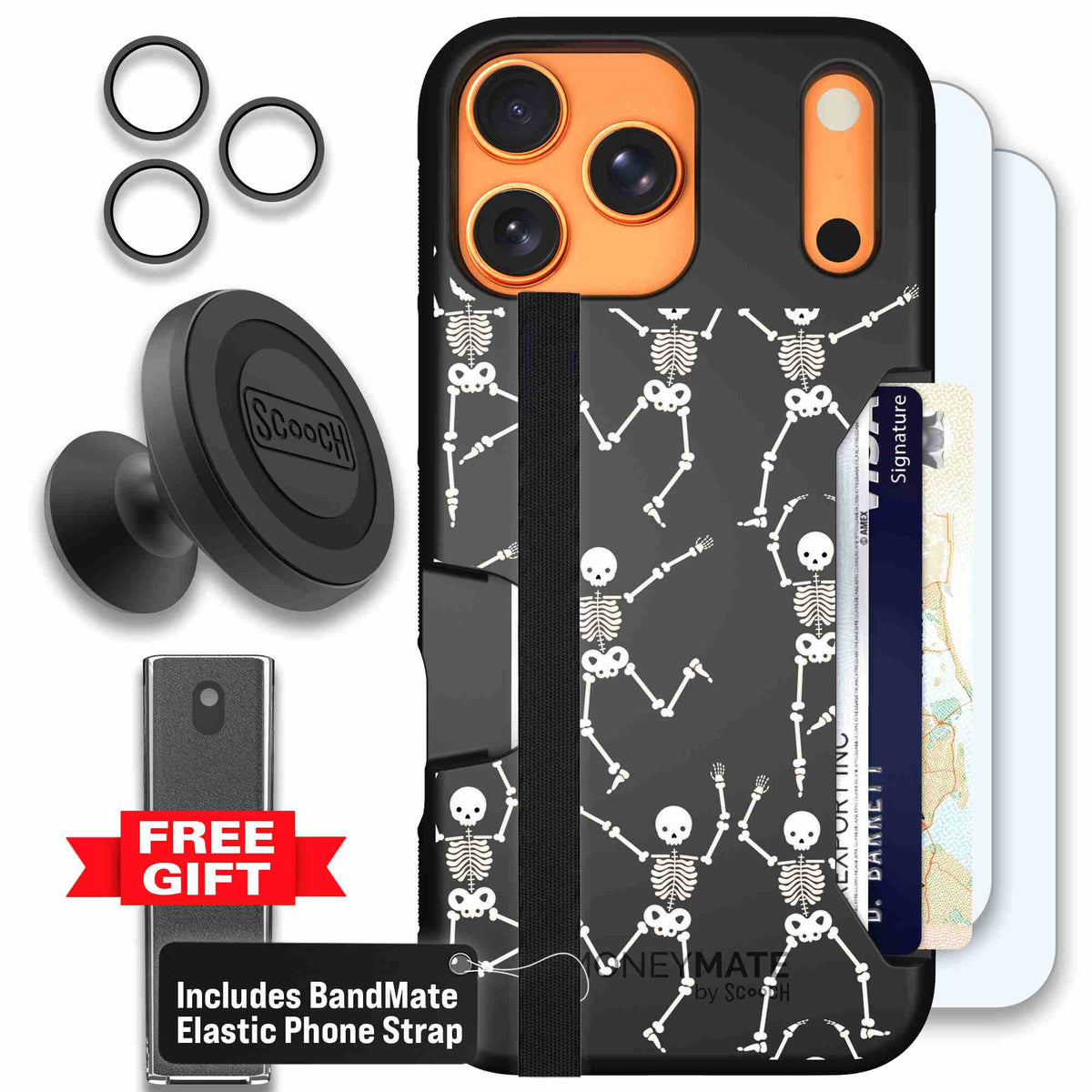 Swinging Skeletons white dancing skeleton pattern on a black Scooch Moneymate case for iPhone 17 Pro Max - Defender Bundle